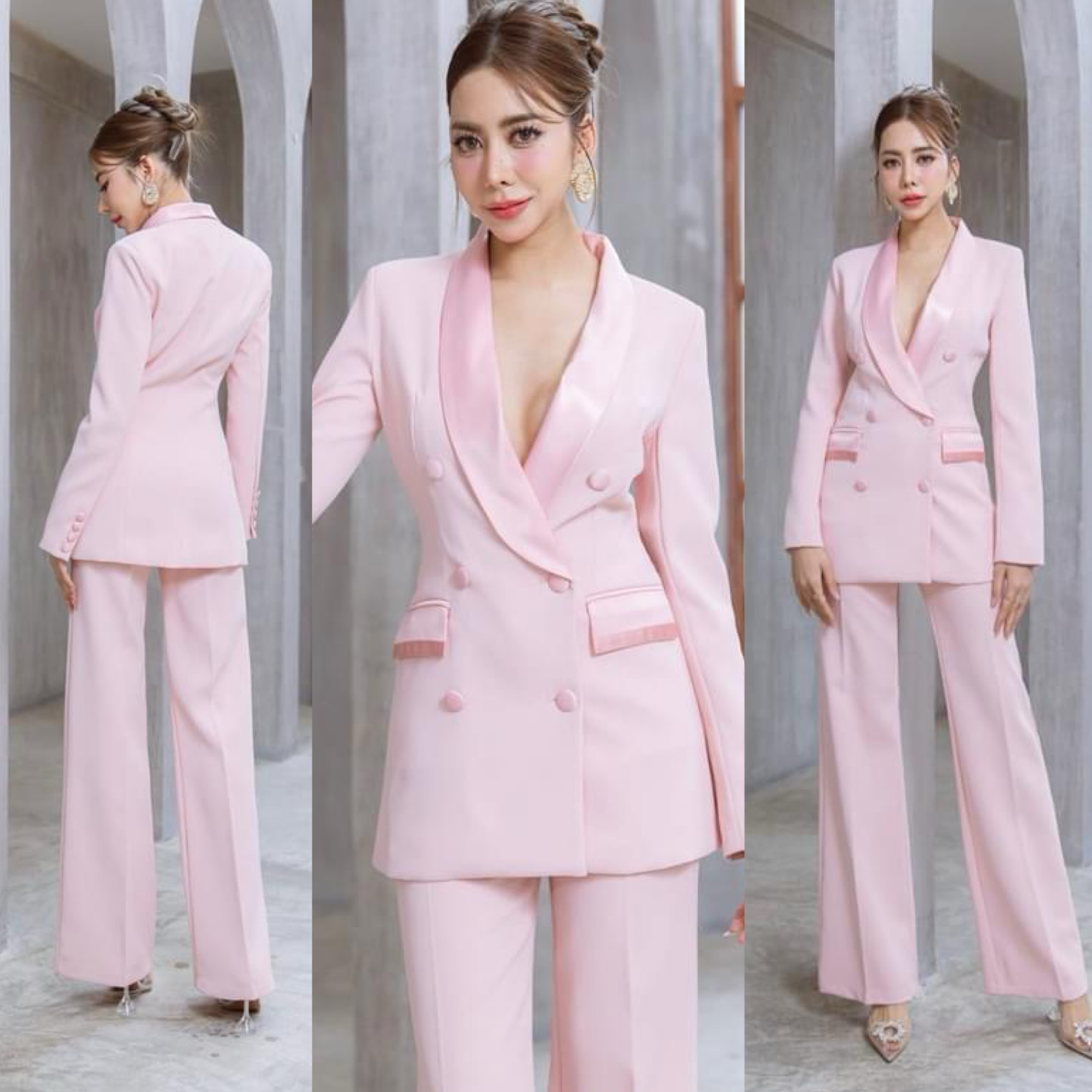 เซตสูทปกเลื่อม+กางเกงขาตรง เนื้อผ้าเกรดเอ เนื้อนุ่มเป็นทรงใส่สบาย สินค้าคุณภาพ (พร้อมส่ง)