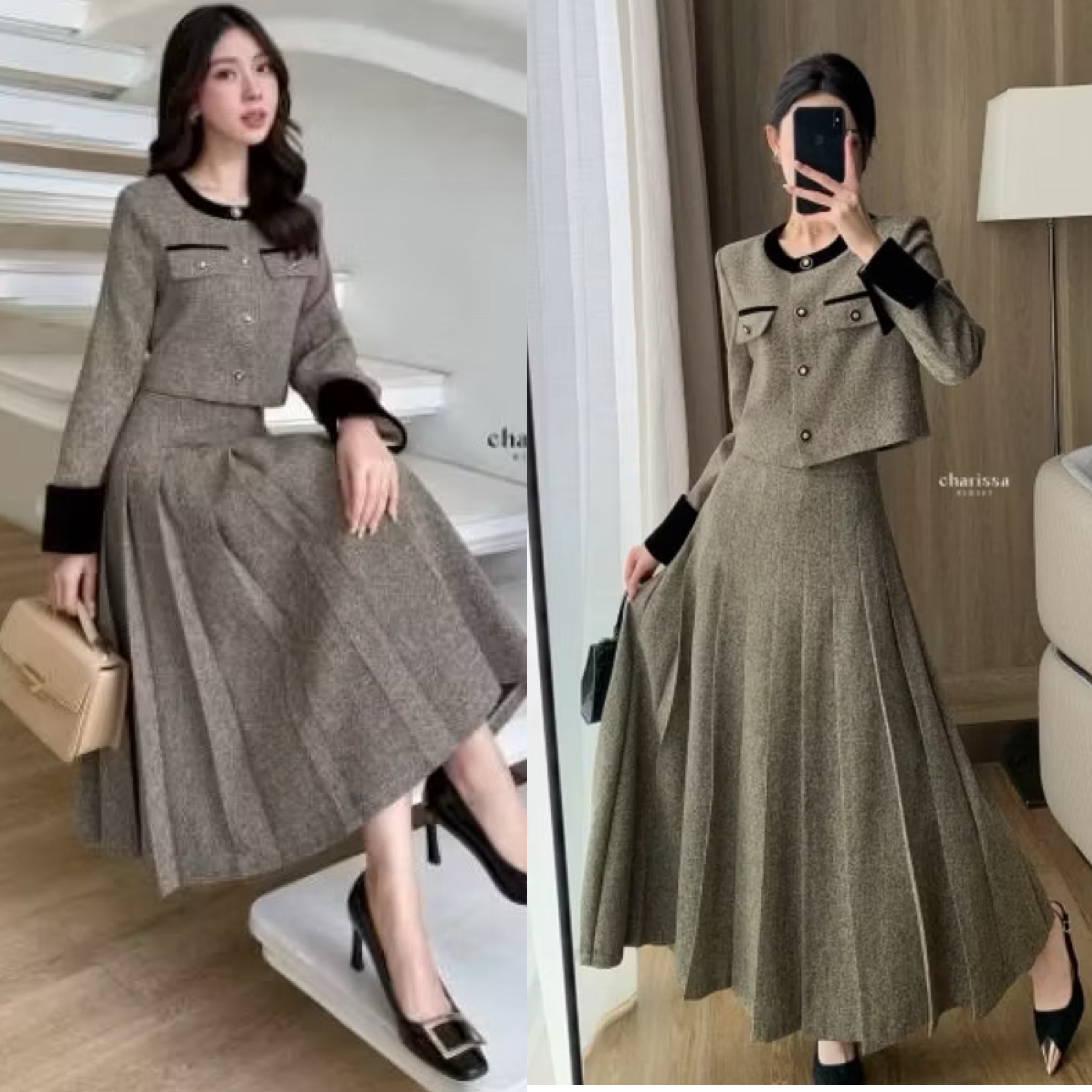 เซ็ทผ้าพรีเมี่ยมหรูมากก เป็นอีกรุ่นที่แนะนำ เสื้อกับกระโปรงเราใช้ผ้าเดียวกันทั้งชุด เนื้อผ้ามีน้ำหนัก ทิ้งตัวดี ยับยาก เสื้อกระดุมจริง กระโปรงซิปเอวสูงไม่สม้อค มีซับในอย่างดี ใส่สบาย : สินค้าคุณภาพ (พร้อมส่ง)