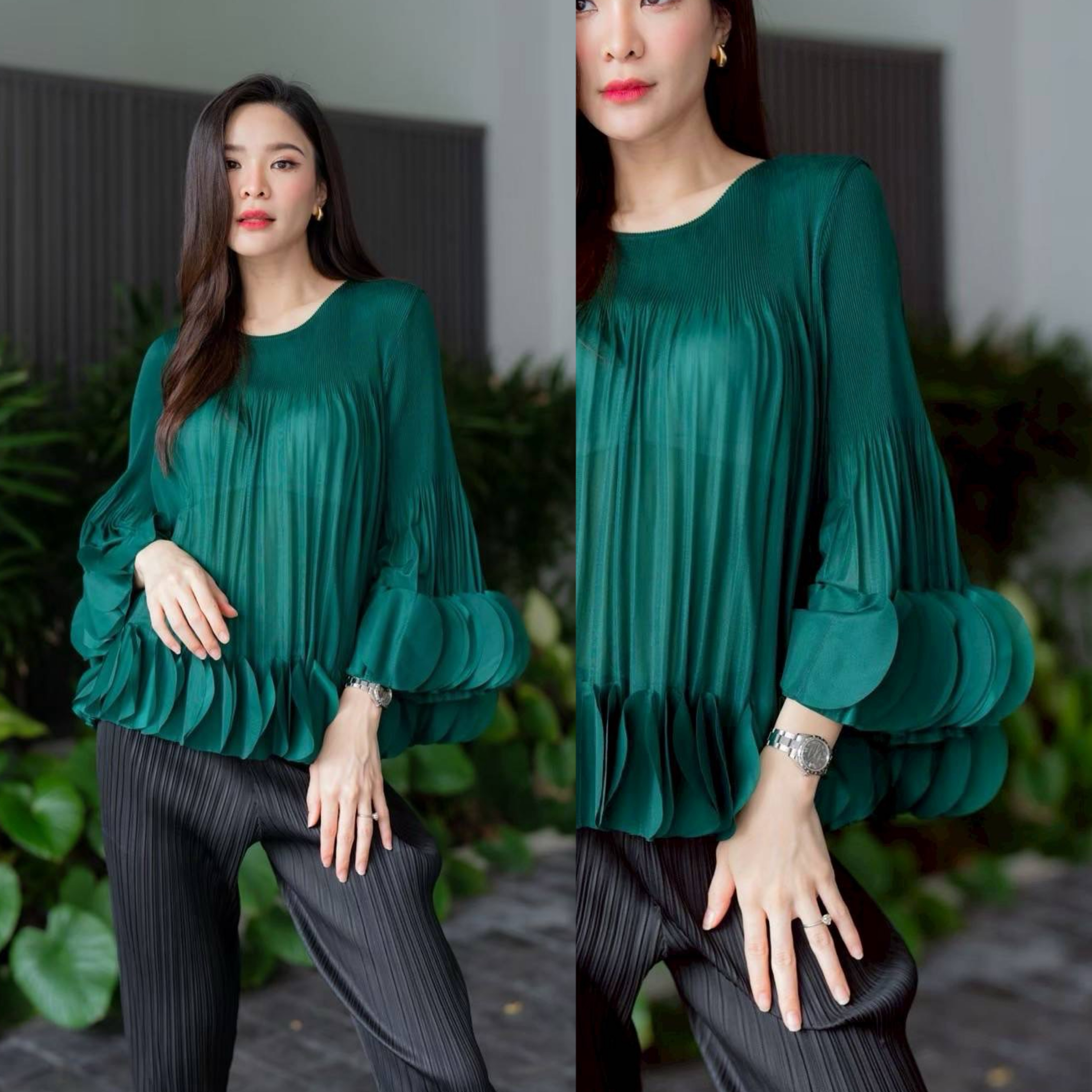 เสื้อคอกลม แขนยาว แบบมีการแต่งระบาย ด้วยการตัด เลเซอร์คัตวงกลมมาซ้อนเรียง ด้วยความประณีต ทำให้ขึ้นพุ่มทรงอย่าง สวยงาม ใส่สบาย : สินค้าคุณภาพ (พร้อมส่ง)