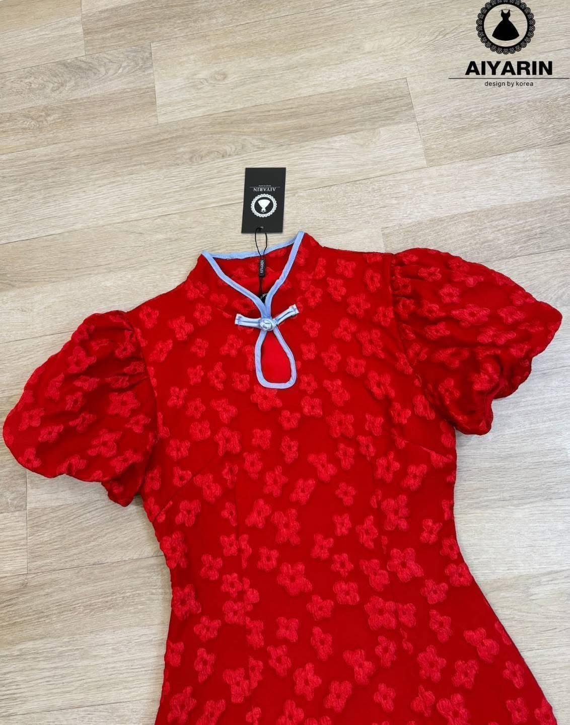 เดรสคอจีนกระโปรงผ้าทอเเขนพอง น่ารัก ใส่สบาย : สินค้าคุณภาพ (พร้อมส่ง)