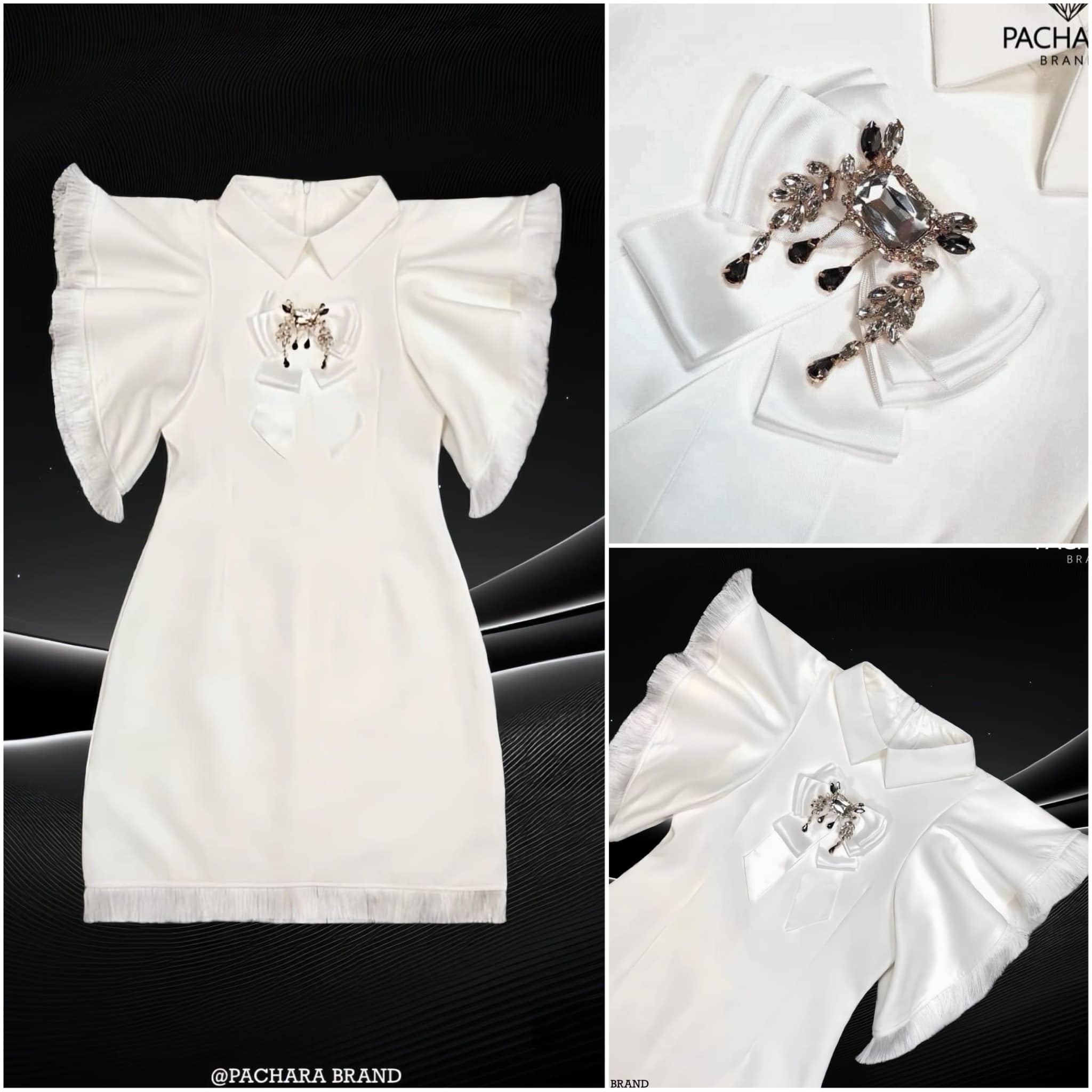 เดรสสั้นคอปกแขนแต่งระบายสีขาว ปลายแขนและชายกระโปรงแต่งพู่ ช่วงเอวเข้ารูปสวย มาพร้อมเข็มกลัดโบว์ติดเพชรคริสตัล สินค้าคุณภาพ (พร้อมส่ง)