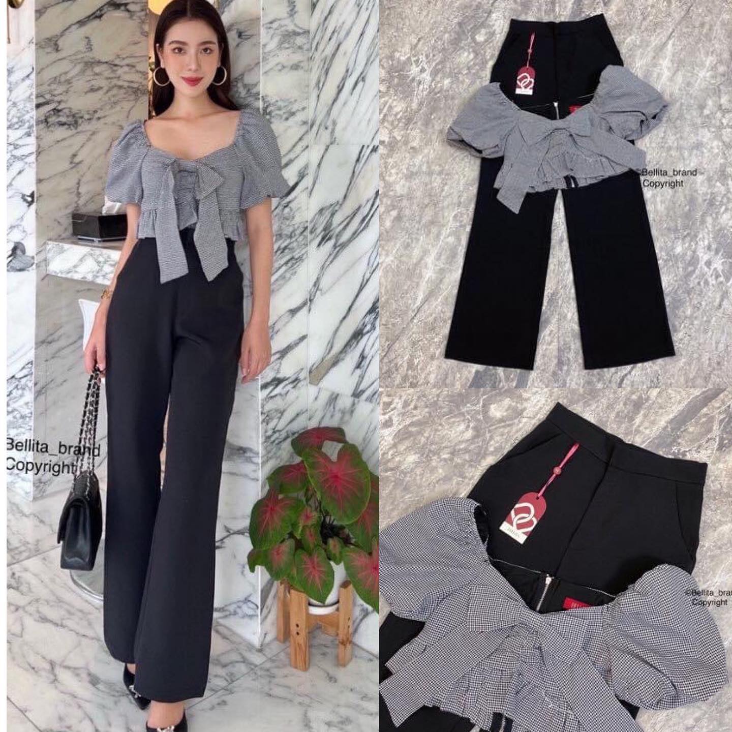 เซ็ทกางเกง เสื้อครอปผ้าลายแต่ง โบกลางอก คอกว้าง แขนตุ๊กตา กางเกง เอวสูงสีดำขายาวเข้าเซ็ท . สินค้าคุณภาพ (พร้อมส่ง) .