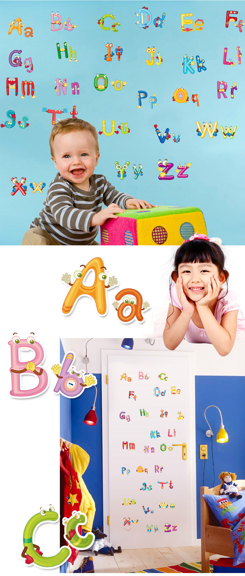 สติกเกอร์ติดผนัง ABC สติกเกอร์แต่งห้อง DIY สติกเกอร์ A-Z พิมพ์ใหญ่+พิมพ์เล็ก ลอกออกแล้วติดซ้ำได้
