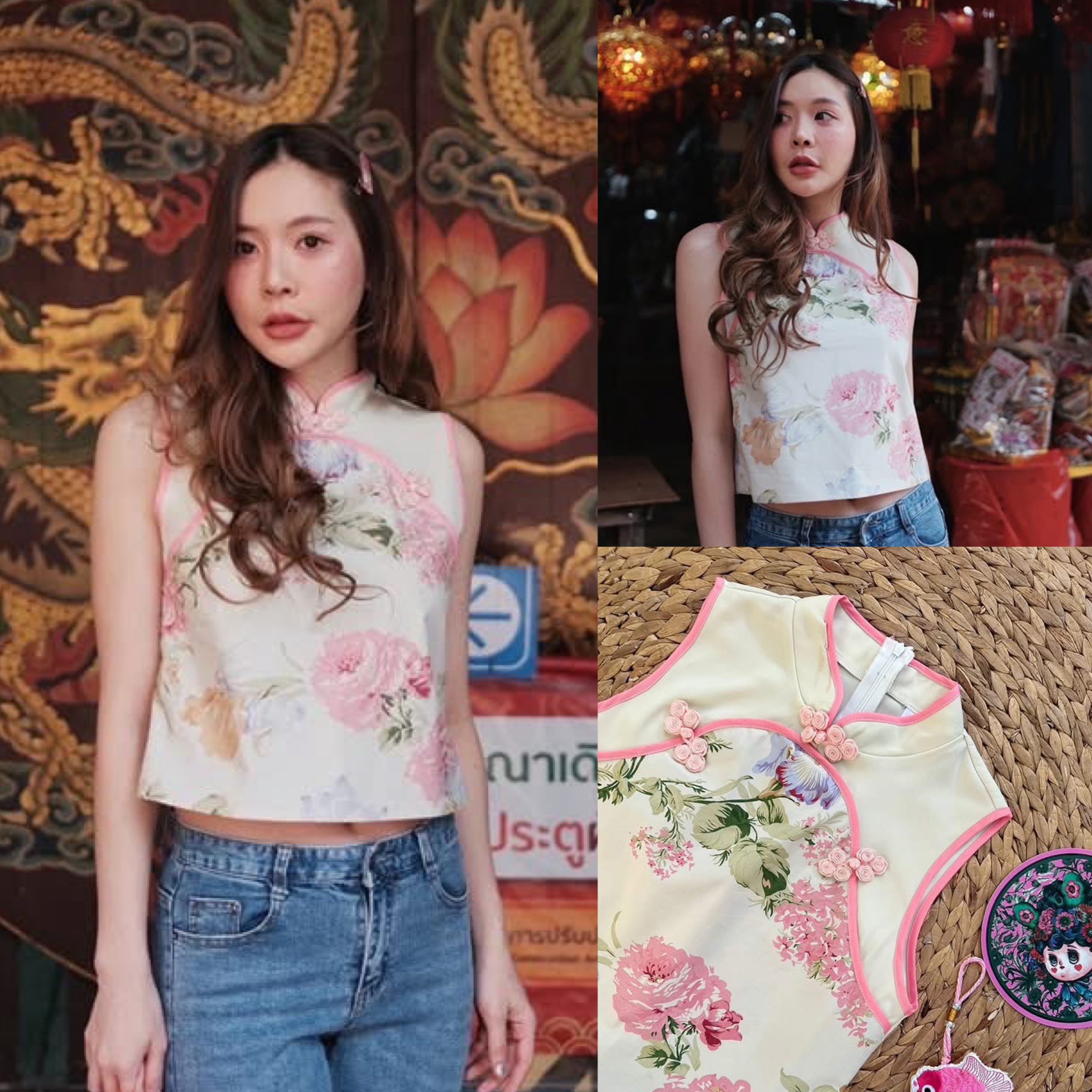 เสื้อคอจีน แขนกุด ลายลายผ้าคือสวยมากๆคัทติ้งเป๊ะ ใส่สบาย : สินค้าคุณภาพ (พร้อมส่ง)