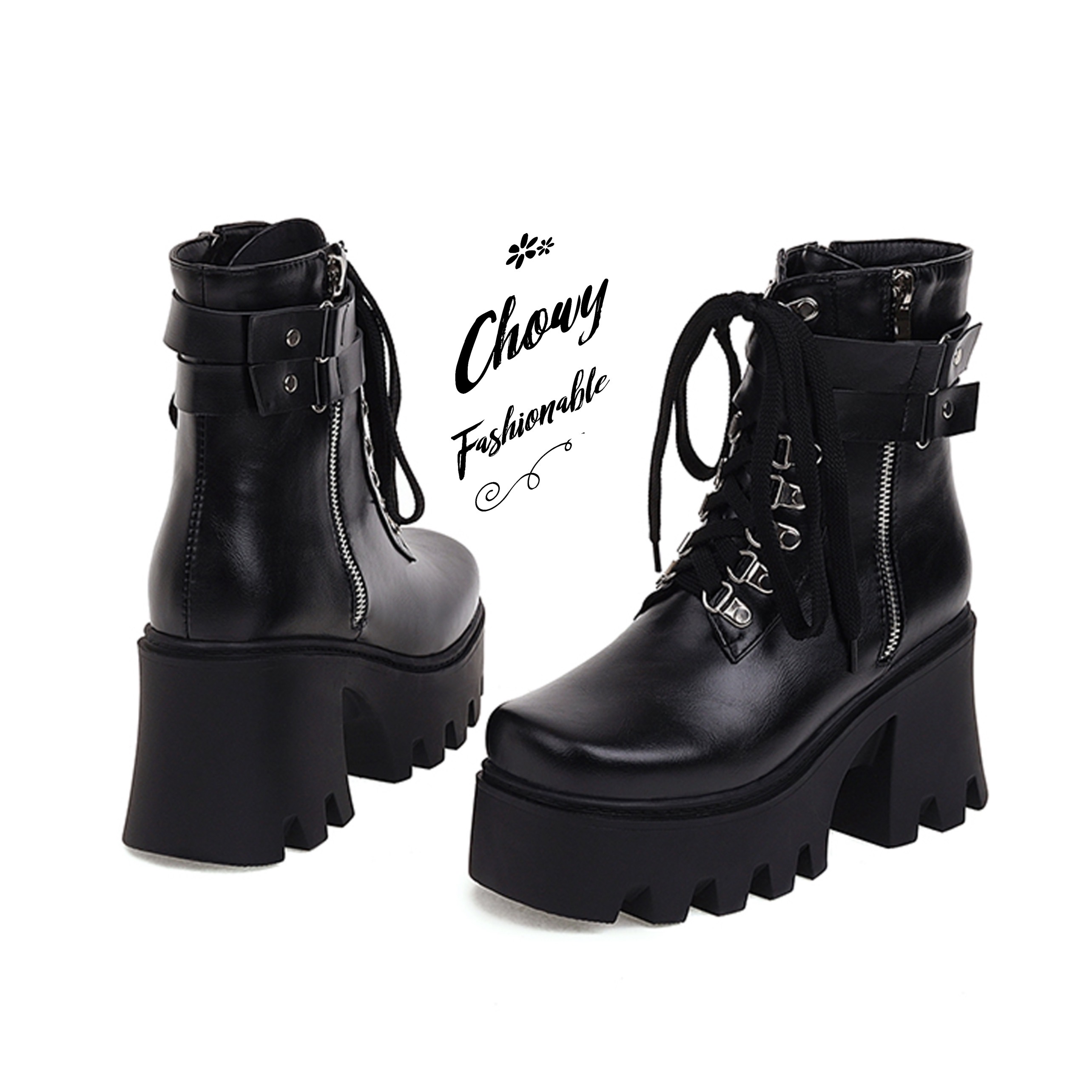 รองเท้าบู้ทไซส์ใหญ่ 40-46 มัฟฟินส้นสูง Boot Fashion Cosplay คอสเพย์ บูทส้นเตารีด ซิบข้าง สีดำ KR1168