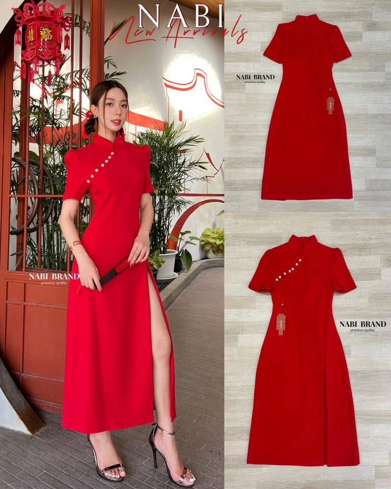เดรสคอจีน สีแดงแขนสั้น แต่งมุก ผ่าข้าง ใส่สบาย : สินค้าคุณภาพ (พร้อมส่ง)