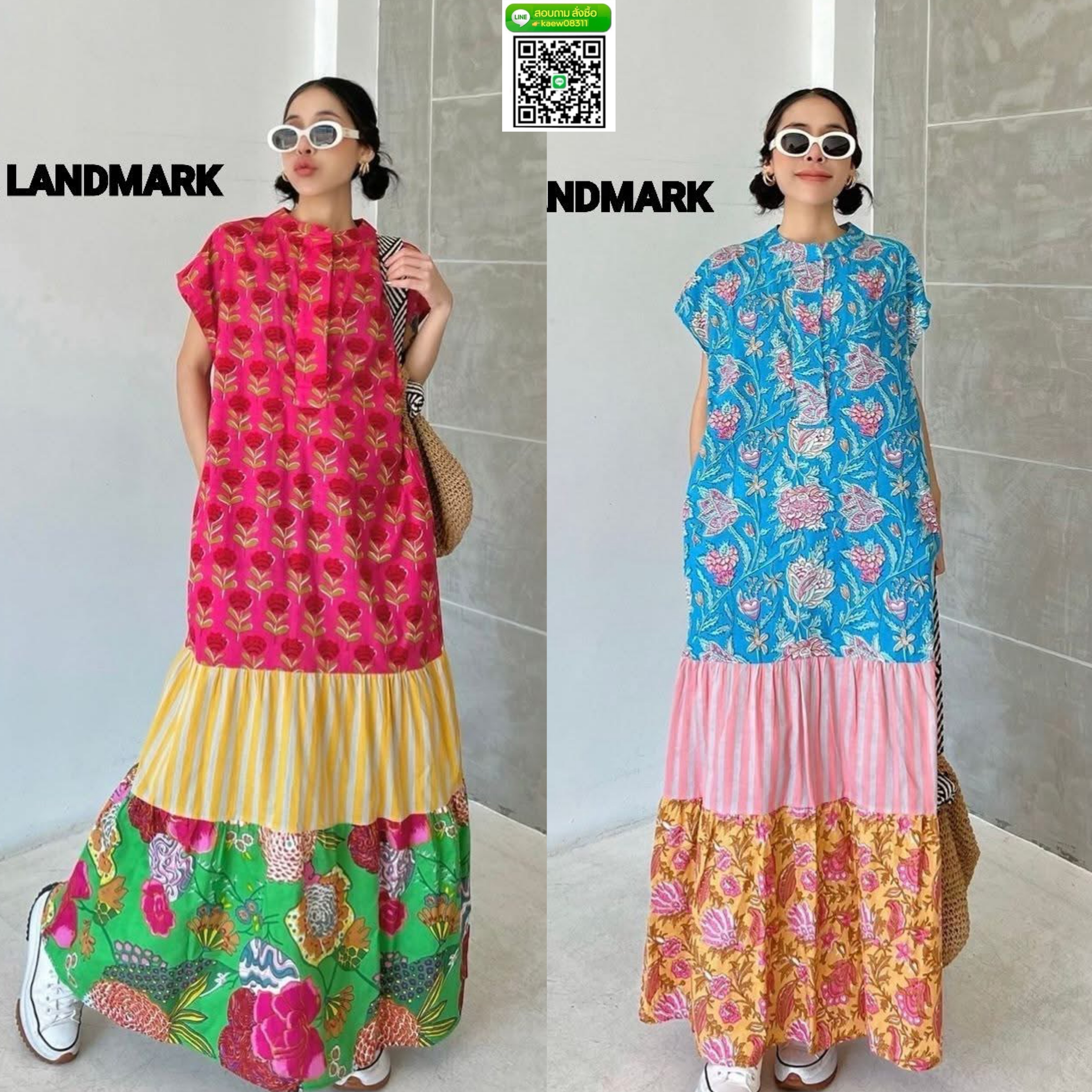 เดรสผ้าบล็อคคอทตอลอินเดีย ดีไซน์คอกลม แขนล้ำ ต่อระบาย มีกระเป๋าล้วง ☆งานเก๋มีสไตล์ ตัดต่อลายผ้า ใส่สบาย : สินค้าคุณภาพ (พร้อมส่ง)