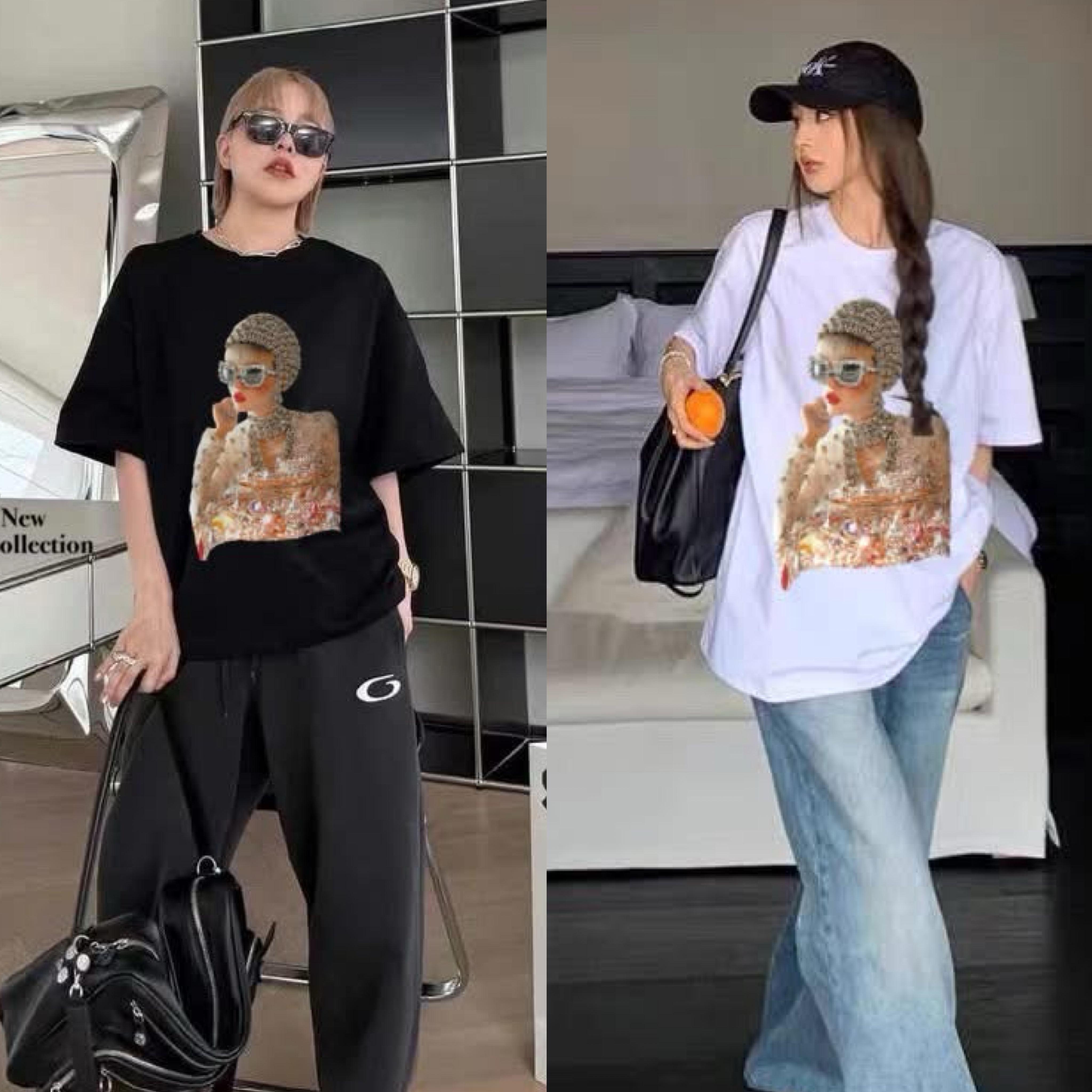 เสื้อยืด ดีเทลสกรีนลายผู้หญิงสวมหมวก สีสวยคมชัด/แต่งเพชรทั่วตัวเป็นงานตอกค่ะ สวยจึ้งสุด ผ้าดีมากก ทรง oversize ใส่สบายๆ ใส่สบาย : สินค้าคุณภาพ (พร้อมส่ง)