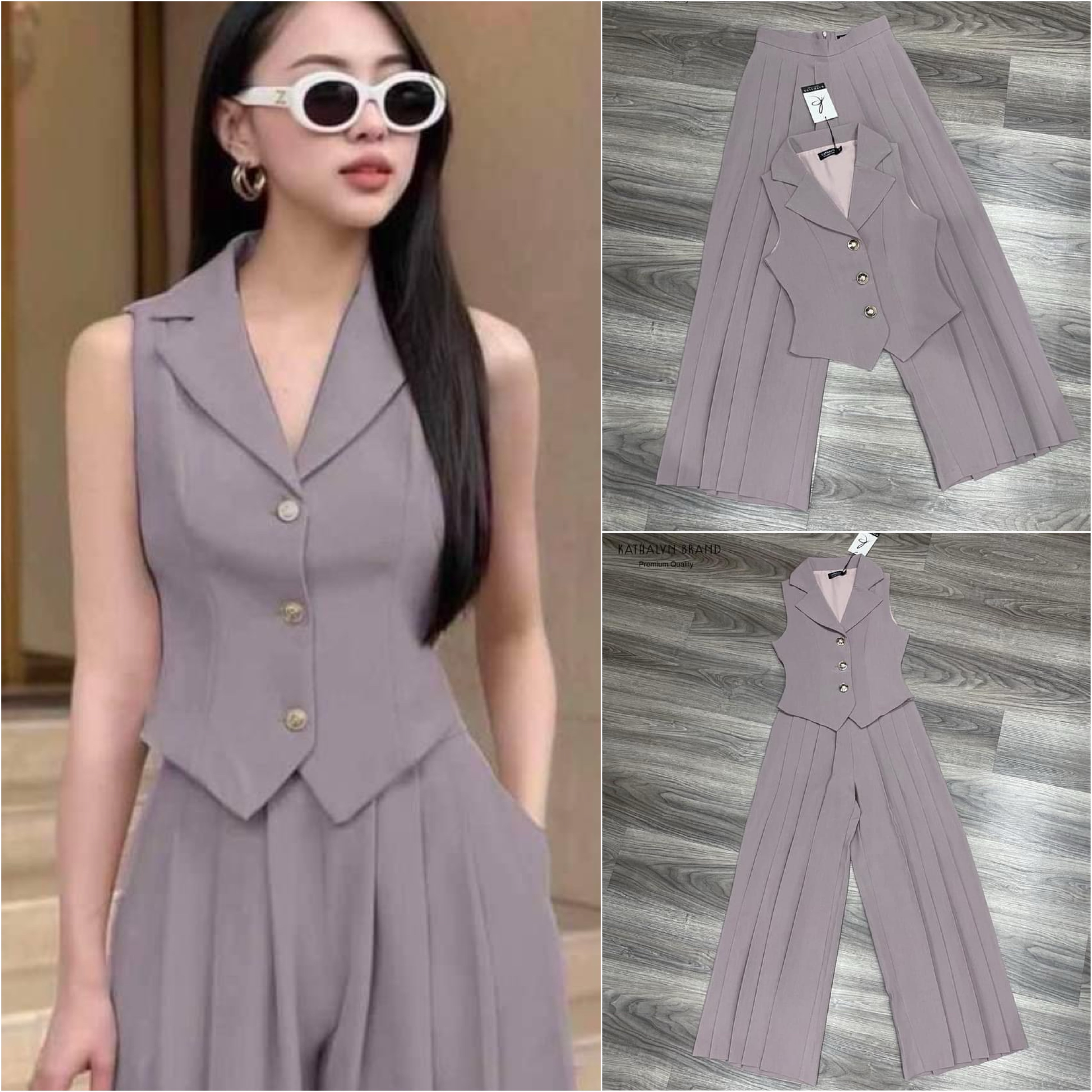 ชุดเซต เสื้อคอปกทรงสูท แขนกุด ทรงพอดีตัว คู่กับกางเกงขายาวทรงสวย แต่งจีบที่กางเกง สวยหรู ใส่สบาย สินค้าคุณภาพ (พร้อมส่ง)