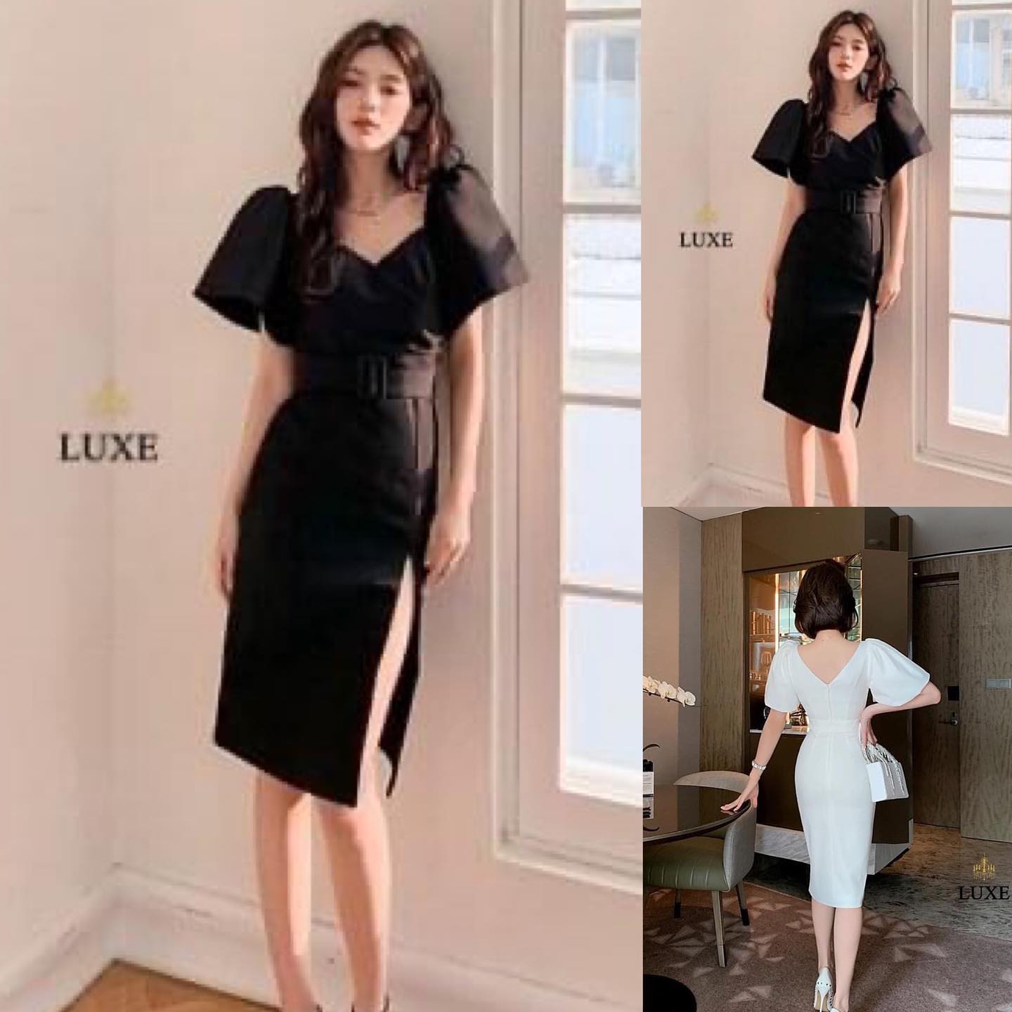 เดรสเสื้อคอเหลี่ยม ดีเทลป้ายจับเดรป ปลายแขนเสื้อบานกระดิ่ง กระโปรงทรง สอบผ่าหน้าขา ตัดเย็บประณีต มีซิปซ่อน และซับในเต็มตัว สินค้าคุณภาพ (พร้อมส่ง)