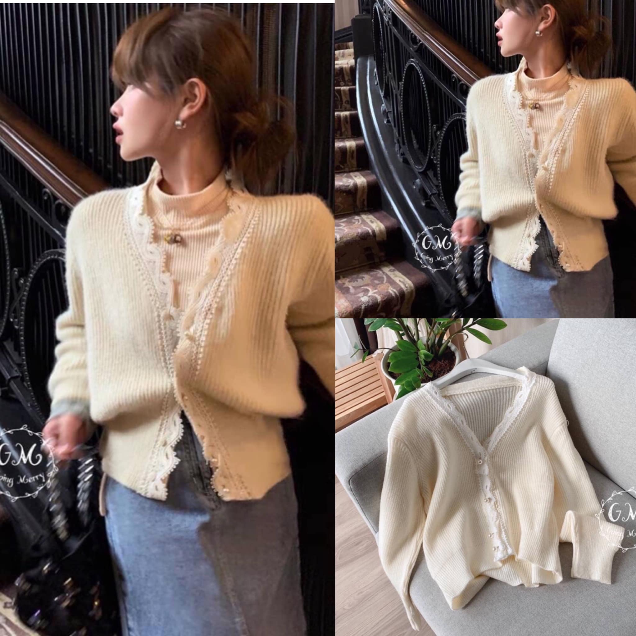 เสื้อสุดฮิต เสื้อคลุมไหมพรมขนกระต่าย ทอเส้นใหญ่ ผ้าเนื้อนุ่มมากๆ ไม่ใช่งานไหมพรมแข็งๆน้าา ยืดหยุ่นได้เยอะค่ะ ผ้าเนื้อเย็น ใส่สบาย ระบายอากาศได้ดี ผ้าสวยมากค่ะ ทรงคอวี ด้านหน้าแต่ลูกไม้และกระดุมมุก : สินค้าคุณภาพ (พร้อมส่ง)