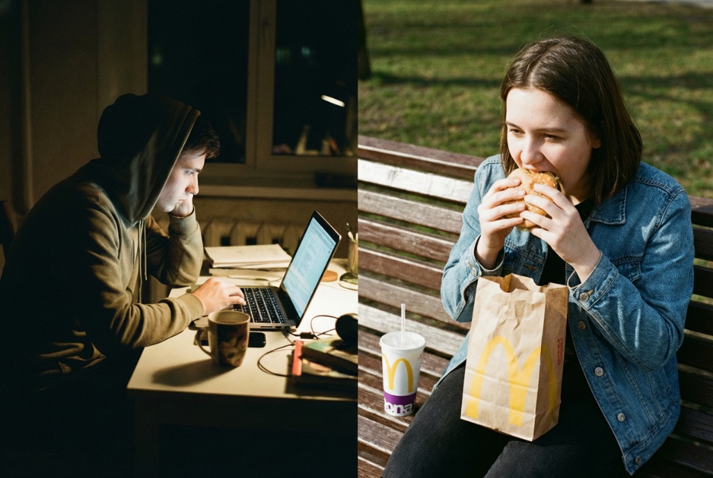 ภาพเปรียบเทียบไลฟ์สไตล์คนรุ่นใหม่ที่เร่งรีบ ทำงานดึกและกินอาหารฟาสต์ฟู้ด