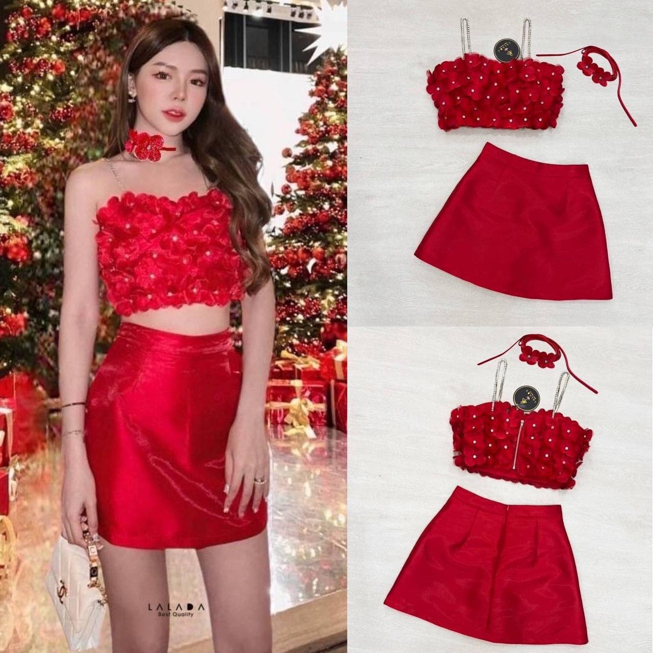 set 2 ชิ้น เสื้อสายเดี่ยว สายเพชรช่วงอกเป็นดอกไม้ 3D รอบตัวมีซิบหลังอกเสริมฟองน้ำ แมทช์กับกระกระโปรงมีซับในกางเกง ใส่สบาย : สินค้าคุณภาพ (พร้อมส่ง)