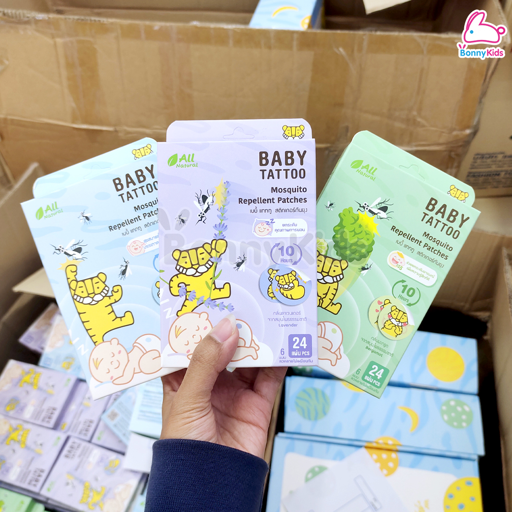 BABY TATTOO (เบบี้แทททู) แผ่นสติ๊กเกอร์แปะกันยุง หอมแดงสมุนไพรหอมระเหย (1 กล่อง 24 ชิ้น)