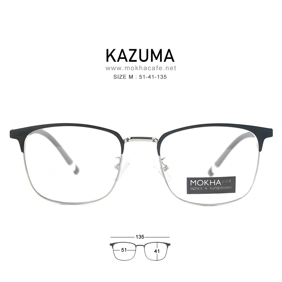 KAZUMA - black silver กรอบแว่นโลหะ กรอบทรงเหลี่ยม ขาสปริง clubmaster กว้าง 135 มม. (sizeM) H41