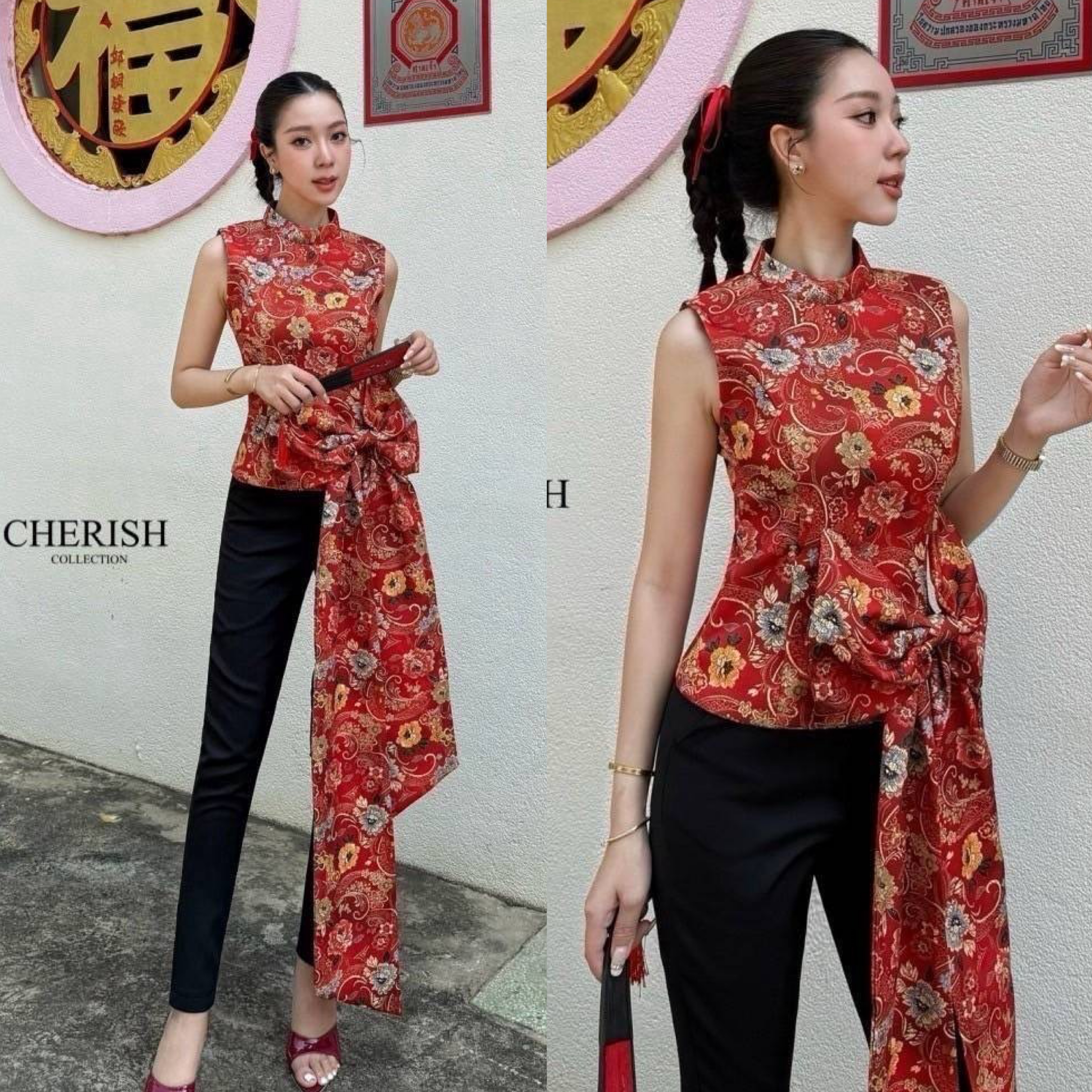 Set กี่เพ้าสไตล์โมเดรินตัวเสื้อคอจีน พิมพ์ลาย แต่งโบว์ใหญ่ทิ้งชายยาว ตัวกางเกงทรง กระบอกเล็กใส่แล้วเข้ารูปเข้าคู่กันสุดๆ ใส่สบาย : สินค้าคุณภาพ (พร้อมส่ง)