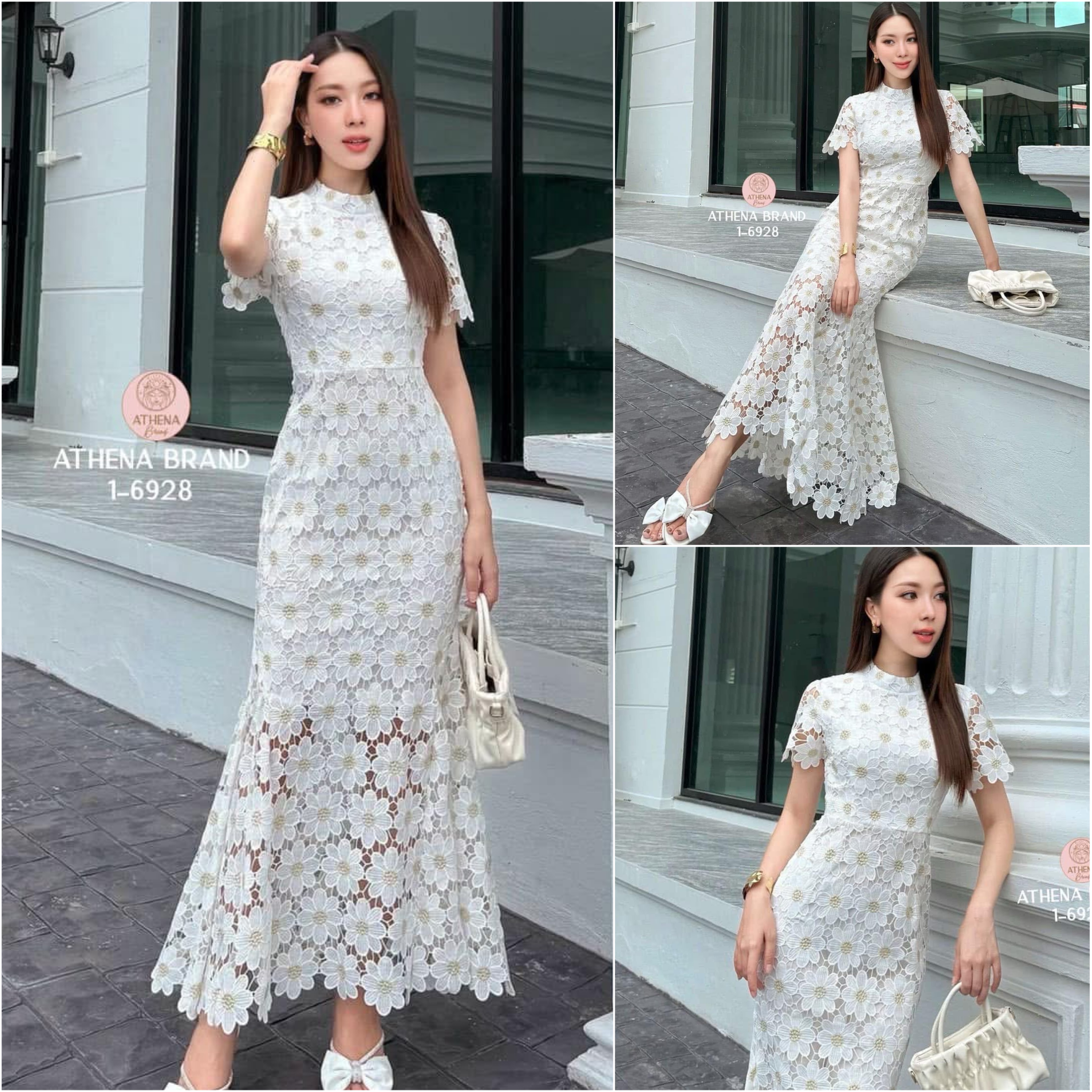 Maxi Dress คอปีนดีไซน์ทรงหางปลา ใช้ผ้าลูกไม้ปักลายดอกไม้แน่นๆสวยหรูหราโดดเด่น เนื้อผ้าดี๊ดีมีTexture งานมีซับใน ใส่สบาย : สินค้าคุณภาพ (พร้อมส่ง)