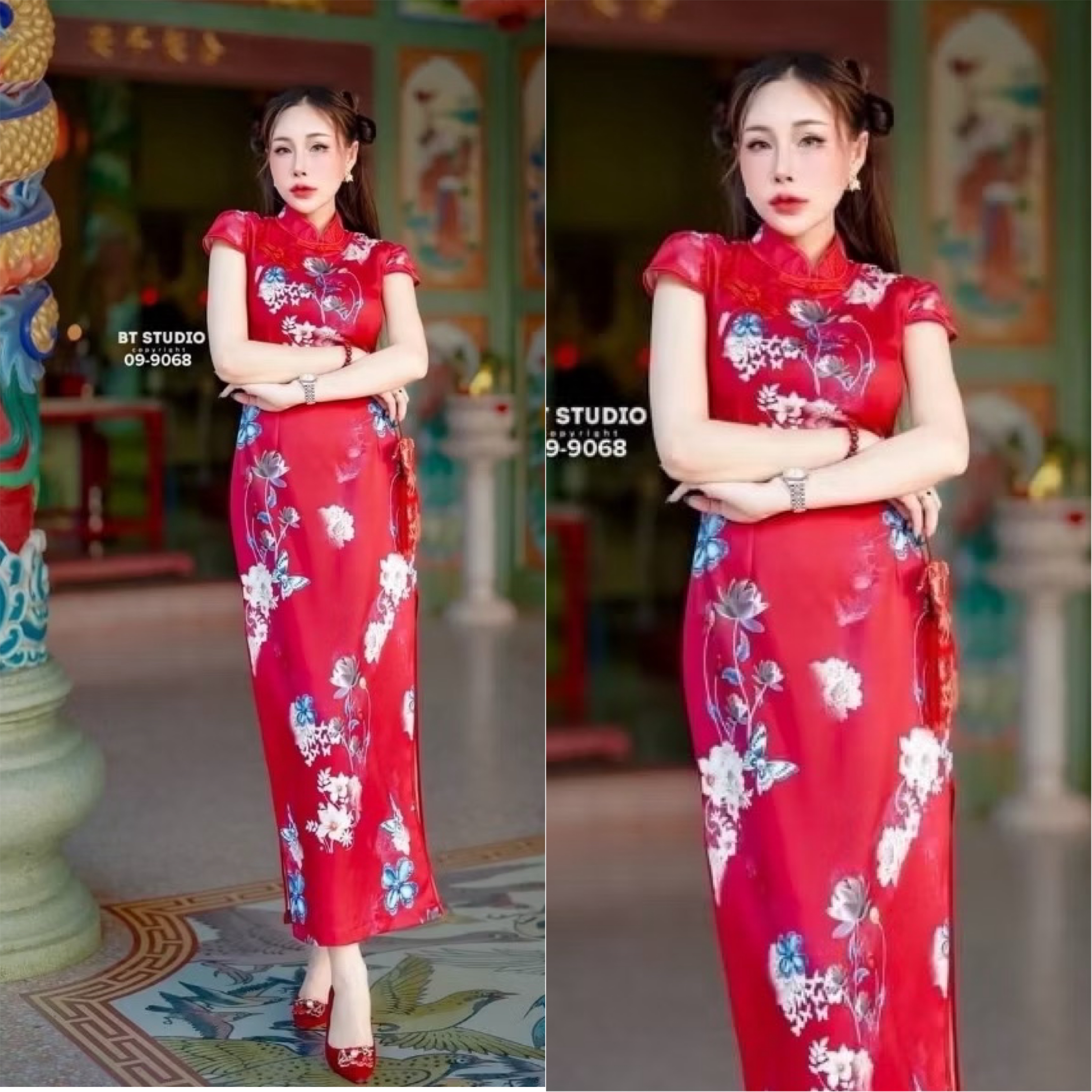 เดรสกี่เพ้า แต่งคอจีน พื้นสีพิมพ์ลายสวยม๊าก ห้ามพลาดเลยคร้าา limited ม๊ากคร้า ใส่สบาย : สินค้าคุณภาพ (พร้อมส่ง)