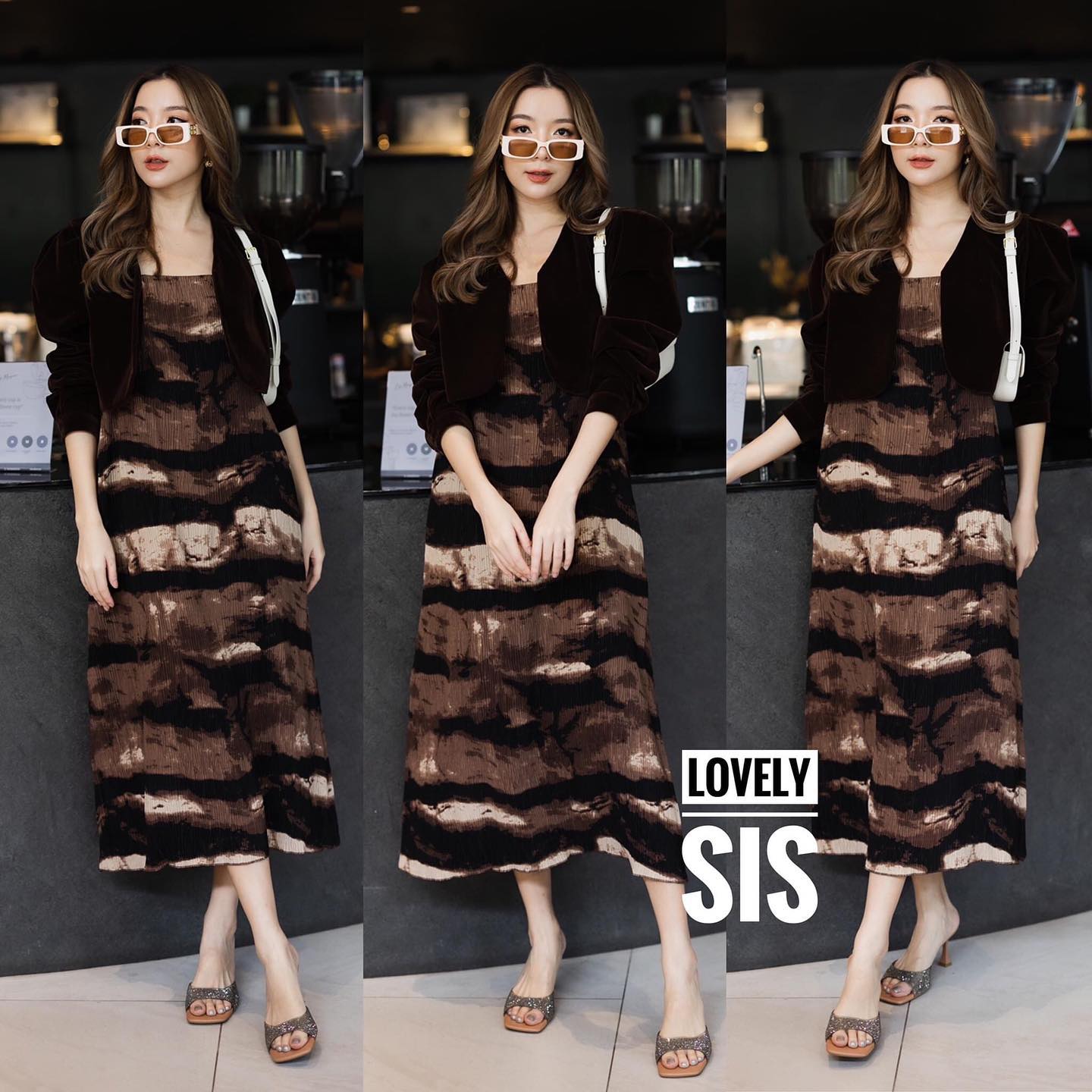 ชุด Set 2 pcs เสื้อคลุมแขนยาว ผ้ากำมะหยี่สวยมากค่า มาพร้อมเดรส สายเดี่ยวอัดพลีทพิมพ์ลาย มีซับใน อย่างดี . สินค้าคุณภาพ (พร้อมส่ง)