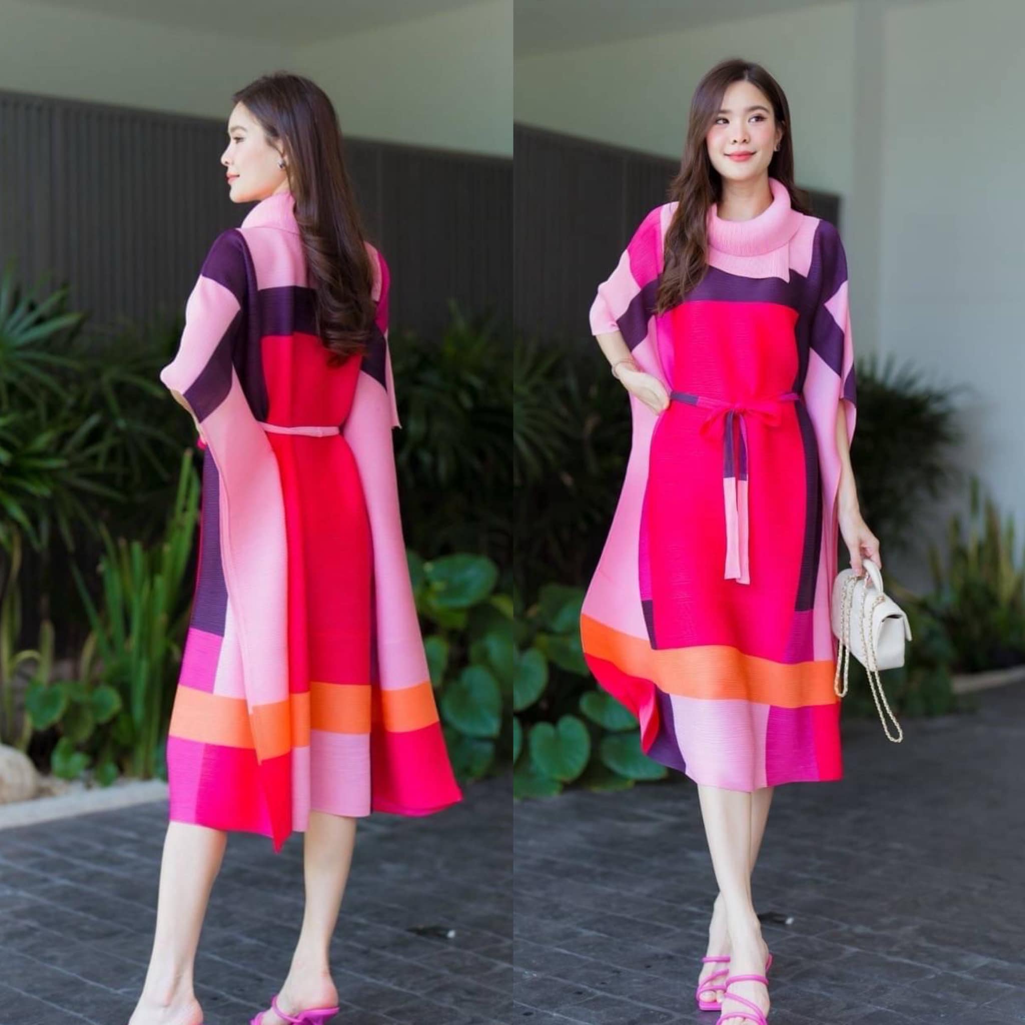 เดรสอัดพลีท ปกใหญ่ คอตั้งเฉลียง ทรงแขนผีเสื้อ 🦋 แต่งสายคาดเอว แพตเทิร์นดีงามมว้าก ใส่สบาย สินค้าคุณภาพ (พร้อมส่ง)