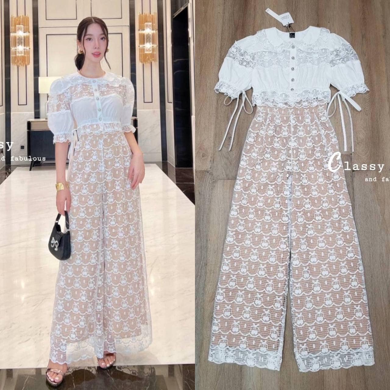 เซตเสื้อ+กางเกงขายาว เสื้อลูกไม้คอปกบัว แขนตุ๊กตา มีผูกโบว์ที่ปลายแขนน่ารักๆ ใส่สบาย สินค้าคุณภาพ (พร้อมส่ง)