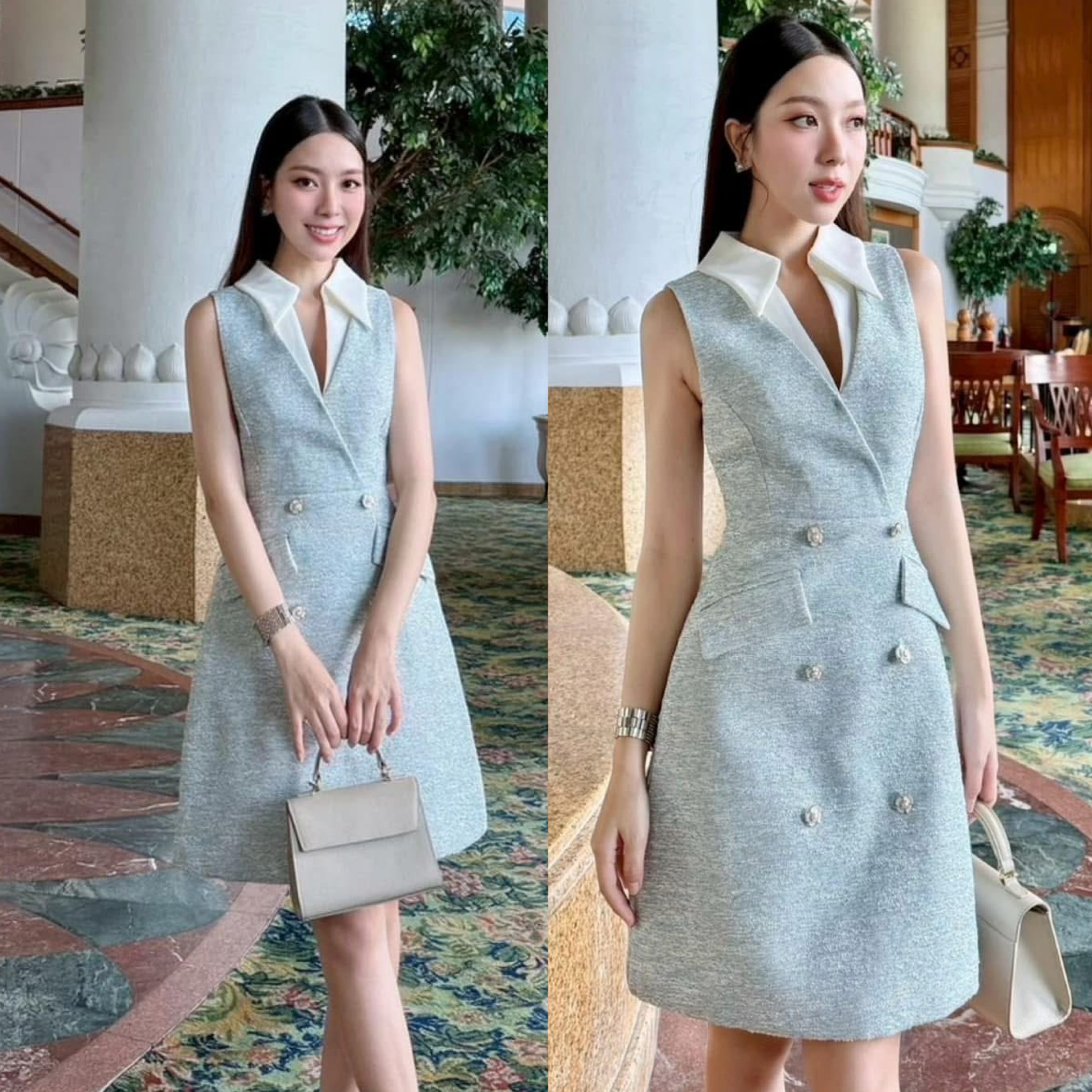 มินิเดรสทวีตปกเชิ้ต ดีไซน์สวยน่ารัก ให้ลุคสาวออฟฟิศสายแฟชั่น ใส่สบาย : สินค้าคุณภาพ (พร้อมส่ง)