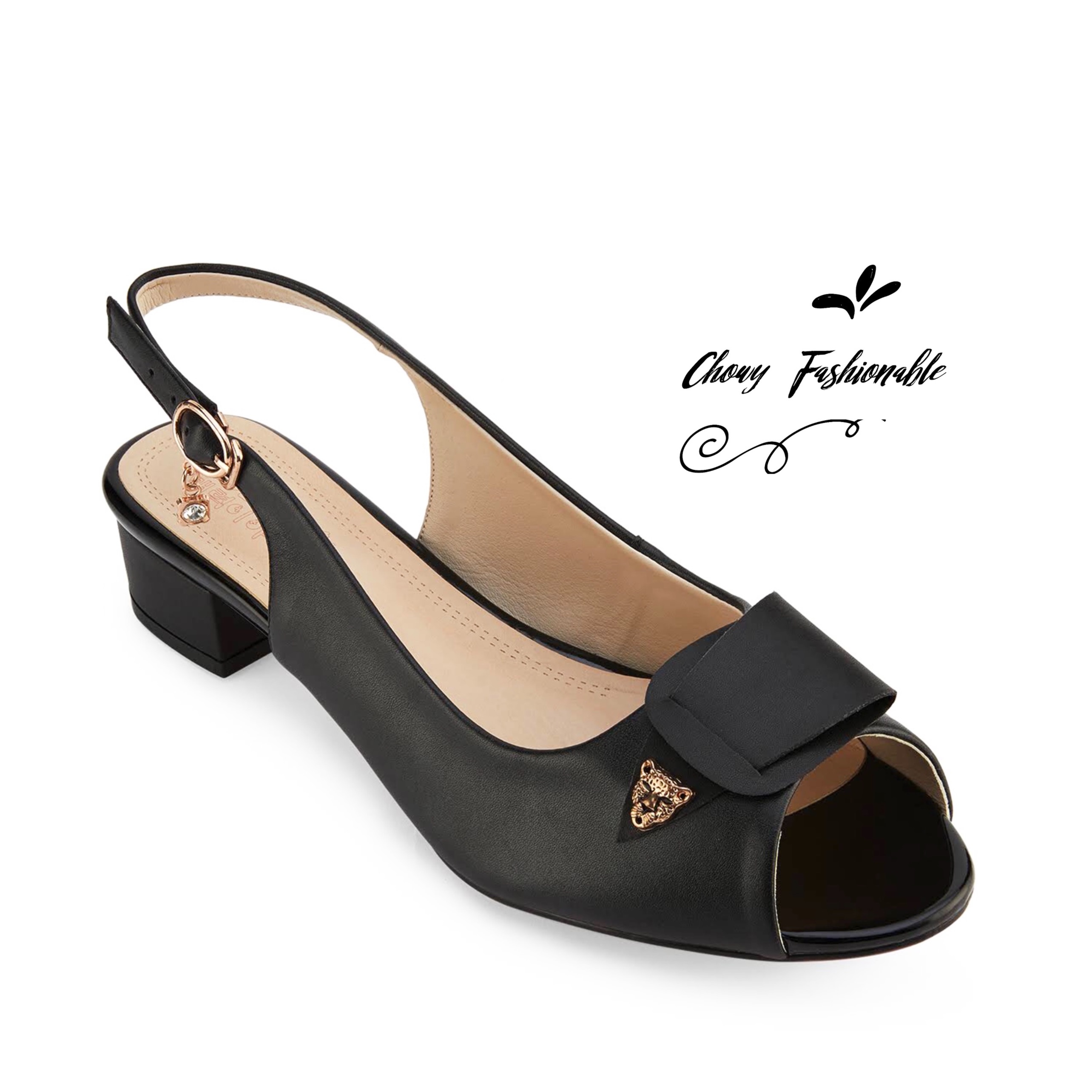 รองเท้าไซส์ใหญ่ 41-44 EU รองเท้ารัดส้น ส้นตึก 1.5 นิ้ว หนังแท้ งานนำเข้าเกาหลี ไซส์ใหญ่ สีดำ CHOWY KR0400BL