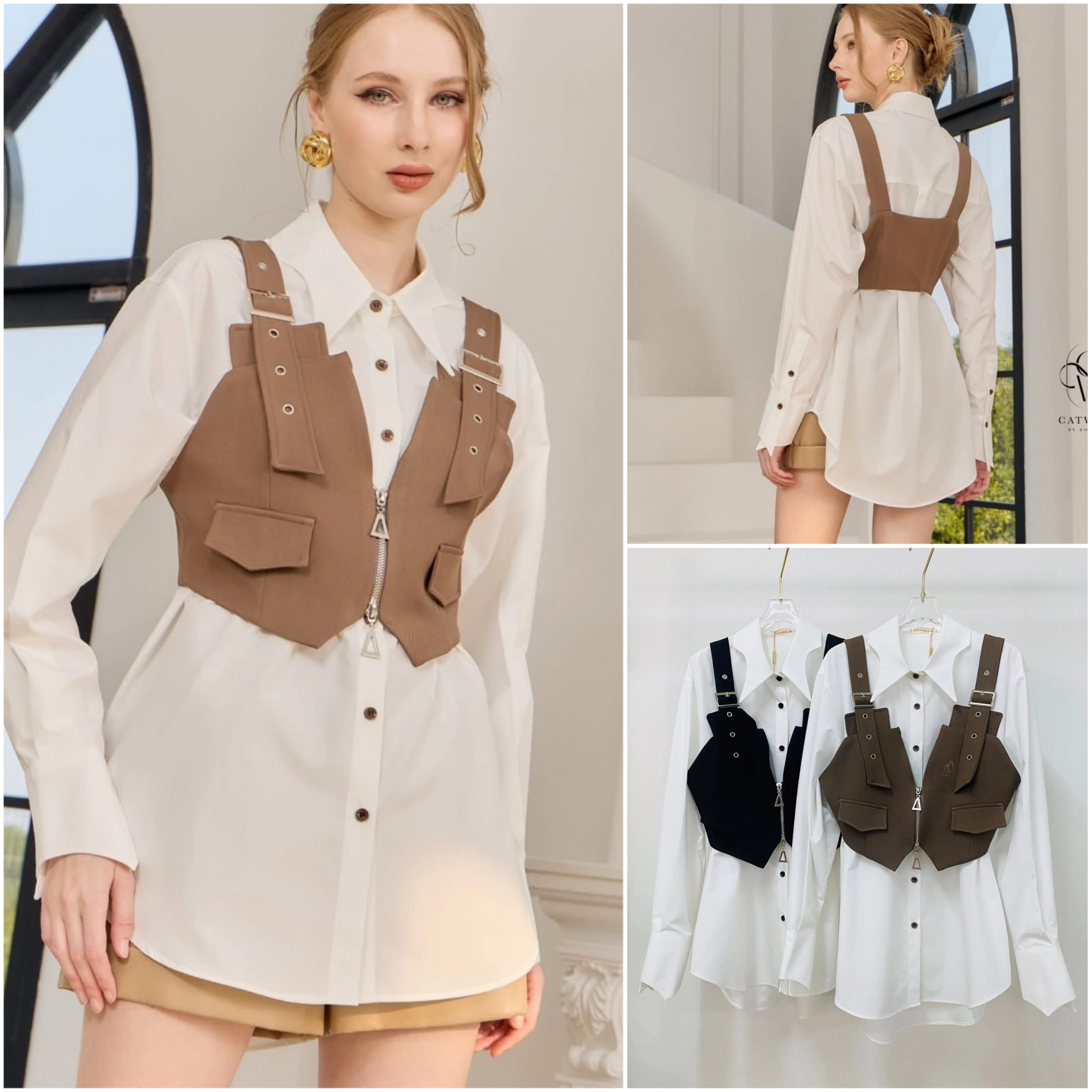 Setเสื้อเชิ้ตแขนยาว+เสื้อครอปกั๊กสุดเก๋ เนื้อผ้าเกรดเอ ใส่สบาย : สินค้าคุณภาพ (พร้อมส่ง)