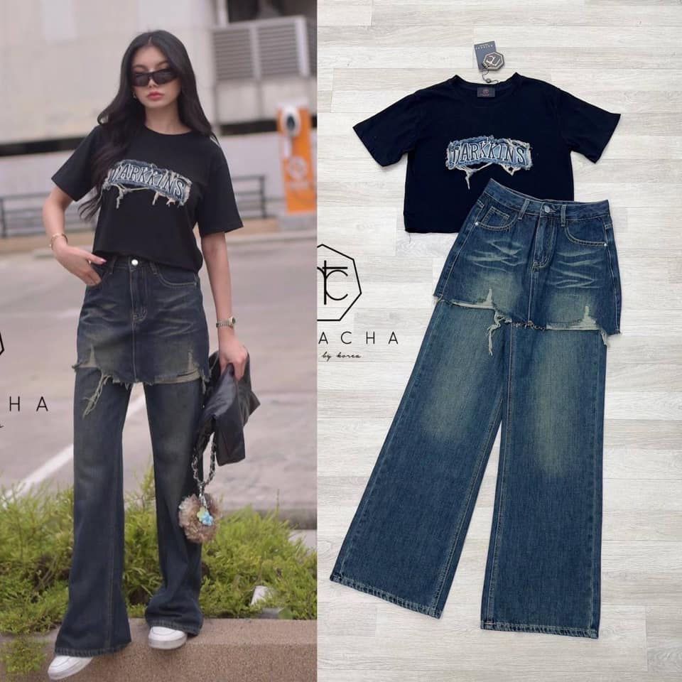 Set เสื้อยืดสีดำหน้าอกแต่งตัวอักษรรองผ้ายีนแบบขาดรุ่ย แมตกางเกงยีนกระโปรงขายาว แต่งสีฟอกสวยมากก ใส่สบาย : สินค้าคุณภาพ (พร้อมส่ง)