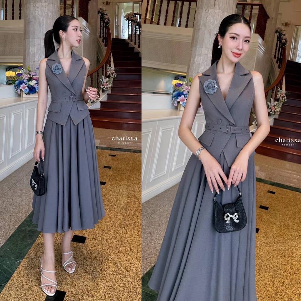 ชุดเซ็ท4ชิ้น เสื้อแขนกุด+กระโปรงยาว เข็มขัด และเข็มกลัดดอกไม้ ใส่สบาย : สินค้าคุณภาพ (พร้อมส่ง)