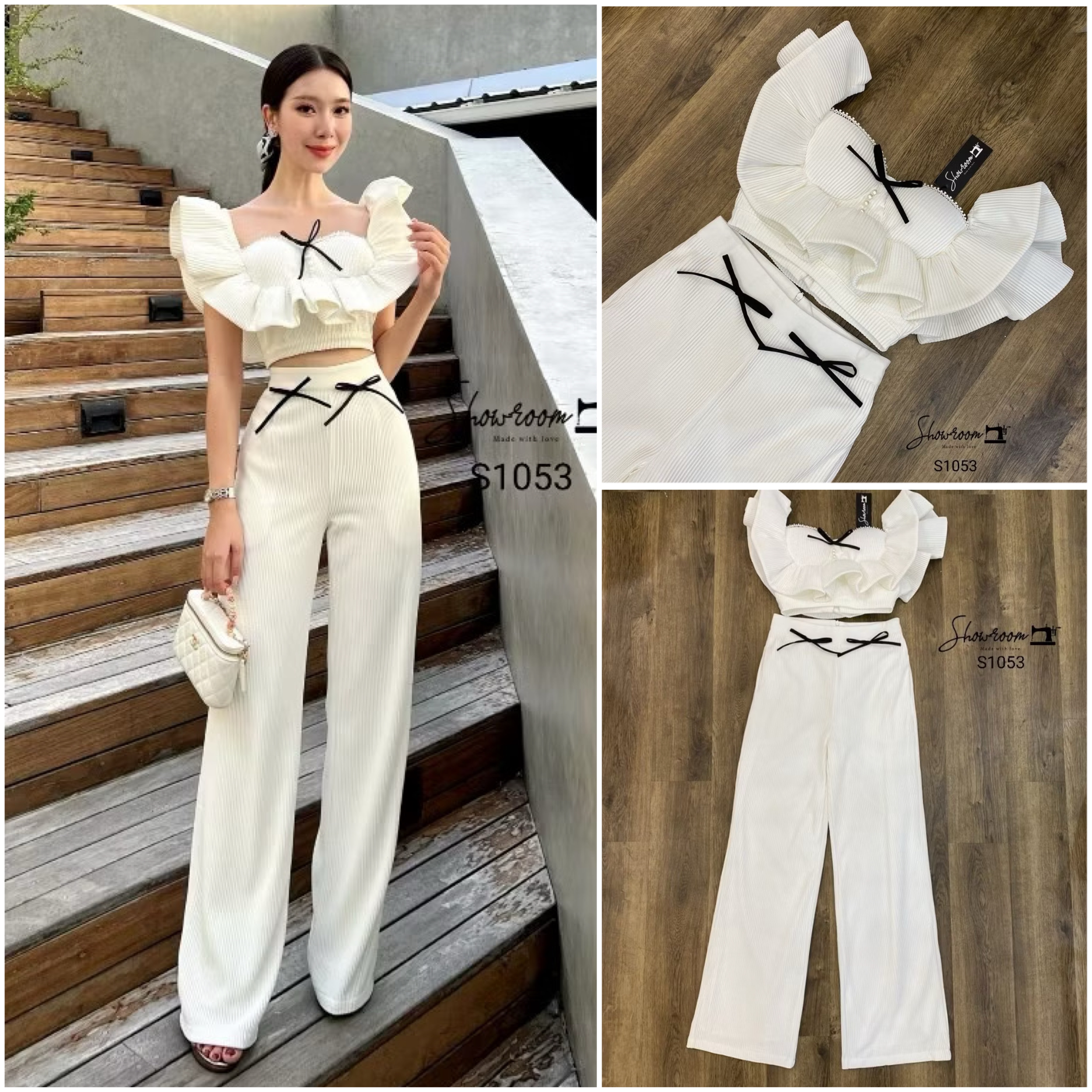 เซ็ตเสื้อดีไซน์สวย ประดับมุก แต่งระบายเหมือนปีก ผีเสื้อ ซิปหลัง มาพร้อมกางเกงขายาวเข้าเซ็ต และ เข็มกลัดโบว์สีดำใส่เก๋ๆ ใส่สบาย : สินค้าคุณภาพ (พร้อมส่ง)