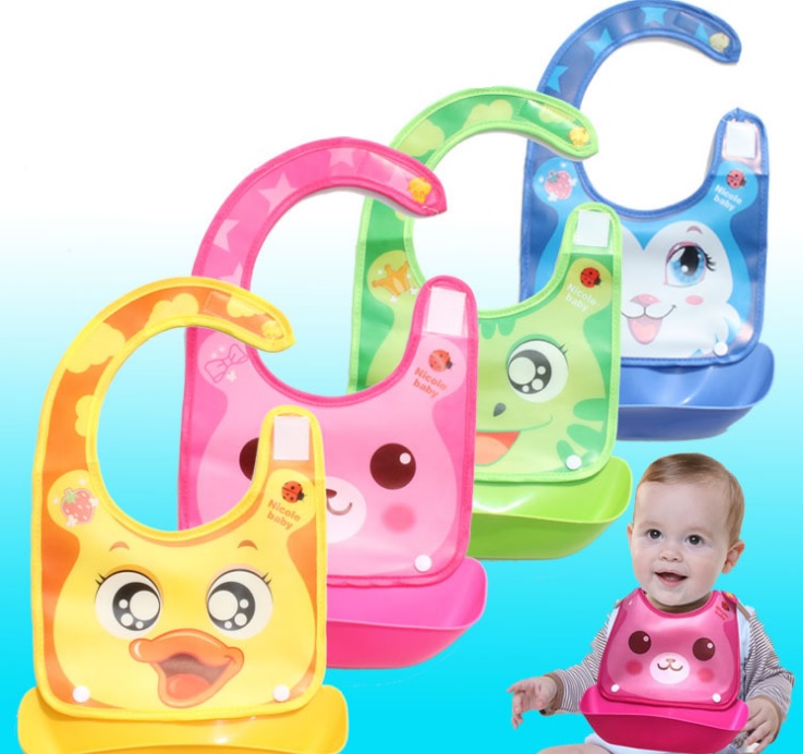 ผ้ากันเปื้อนรองเศษอาหารเด็ก 2 in 1 ถาดซิลิโคน ถอดออกได้ ลายการ์ตูนน่ารัก