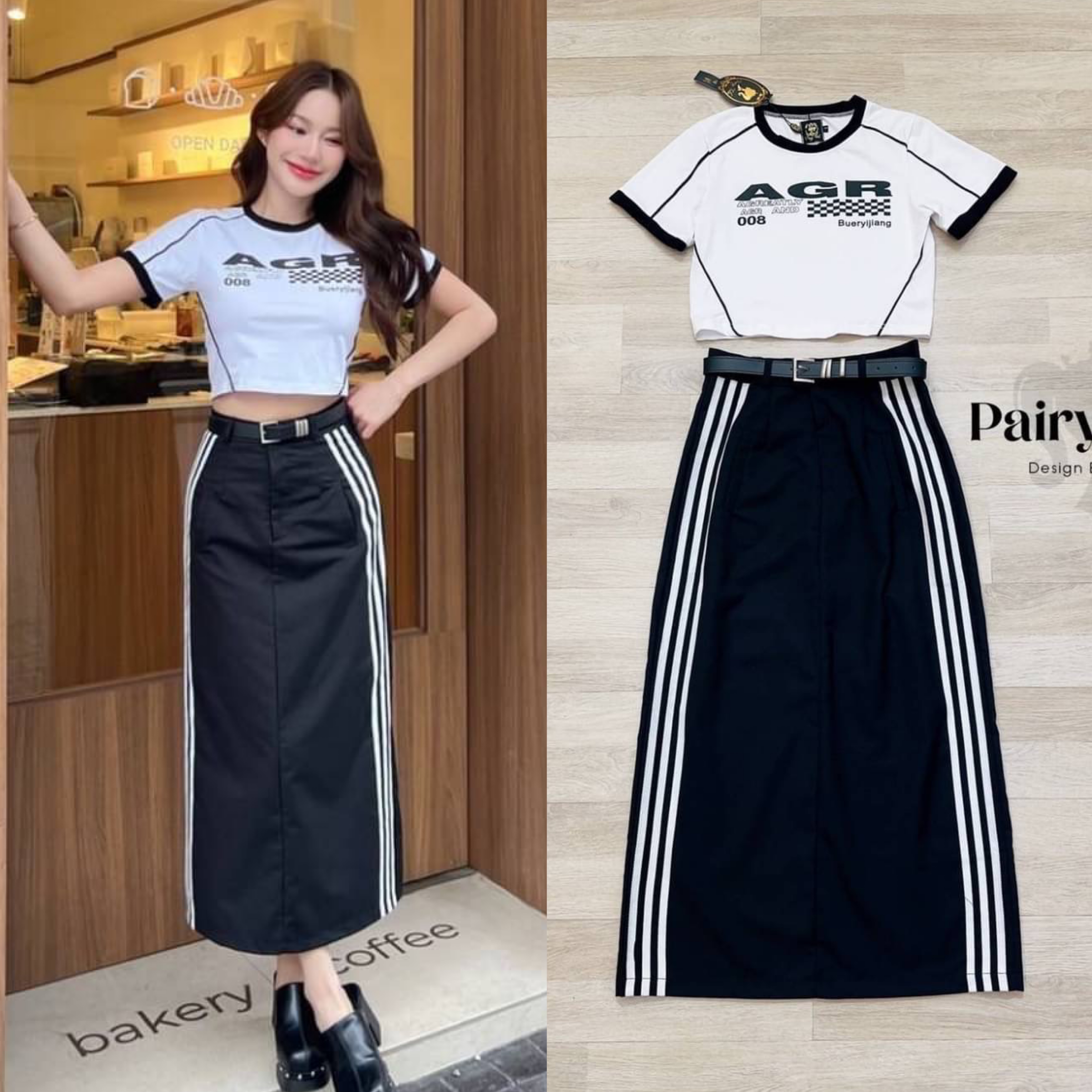 Set 3ชิ้น เสื้อยืดสีขาวขอบดำสกรีนลาย แมตกระโปรงทรงAยาวแต่งแถบสีขาว แมตเข็มขัดเข้าเซ็ต สินค้าคุณภาพ (พร้อมส่ง)