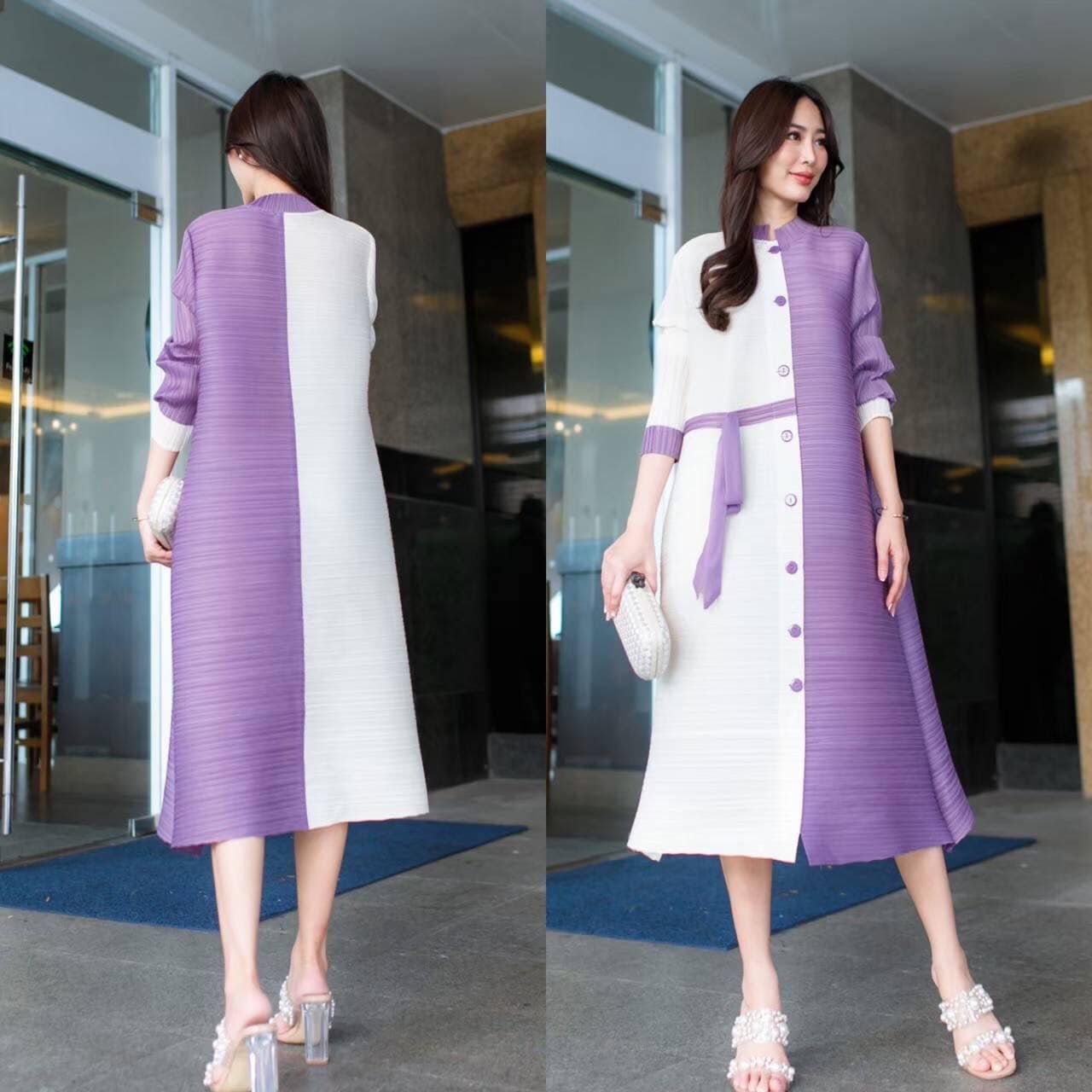 มินิเดรสอัดพลีท คอจีน ปกตั้ง กระดุมหน้า แขนยาว งานสวย Premium 👍🏻 ตัดสีทูโทน เกร๋กรุบ 👍🏻 สินค้าคุณภาพ (พร้อมส่ง)