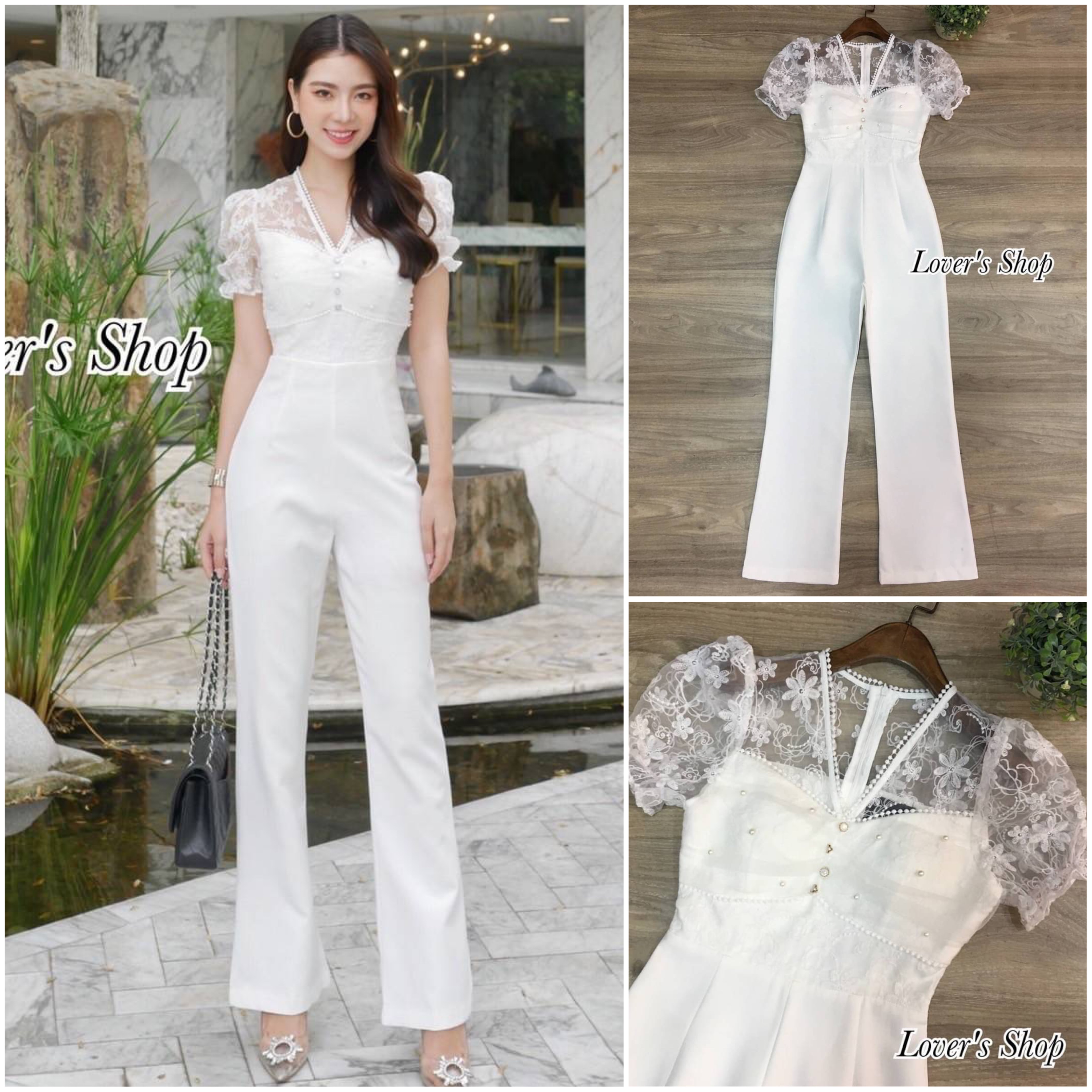 จั้มสูทกางเกงขายาว ผ้าลูกไม้ทอลาย แต่งมุข ช่วงอกเสริมฟองน้ำ เนื้อผ้าหนาเป็นทรงสวย เย็บมีซับในอย่างดี งานซิบหลังใส่ง่าย สินค้าคุณภาพ (พร้อมส่ง)