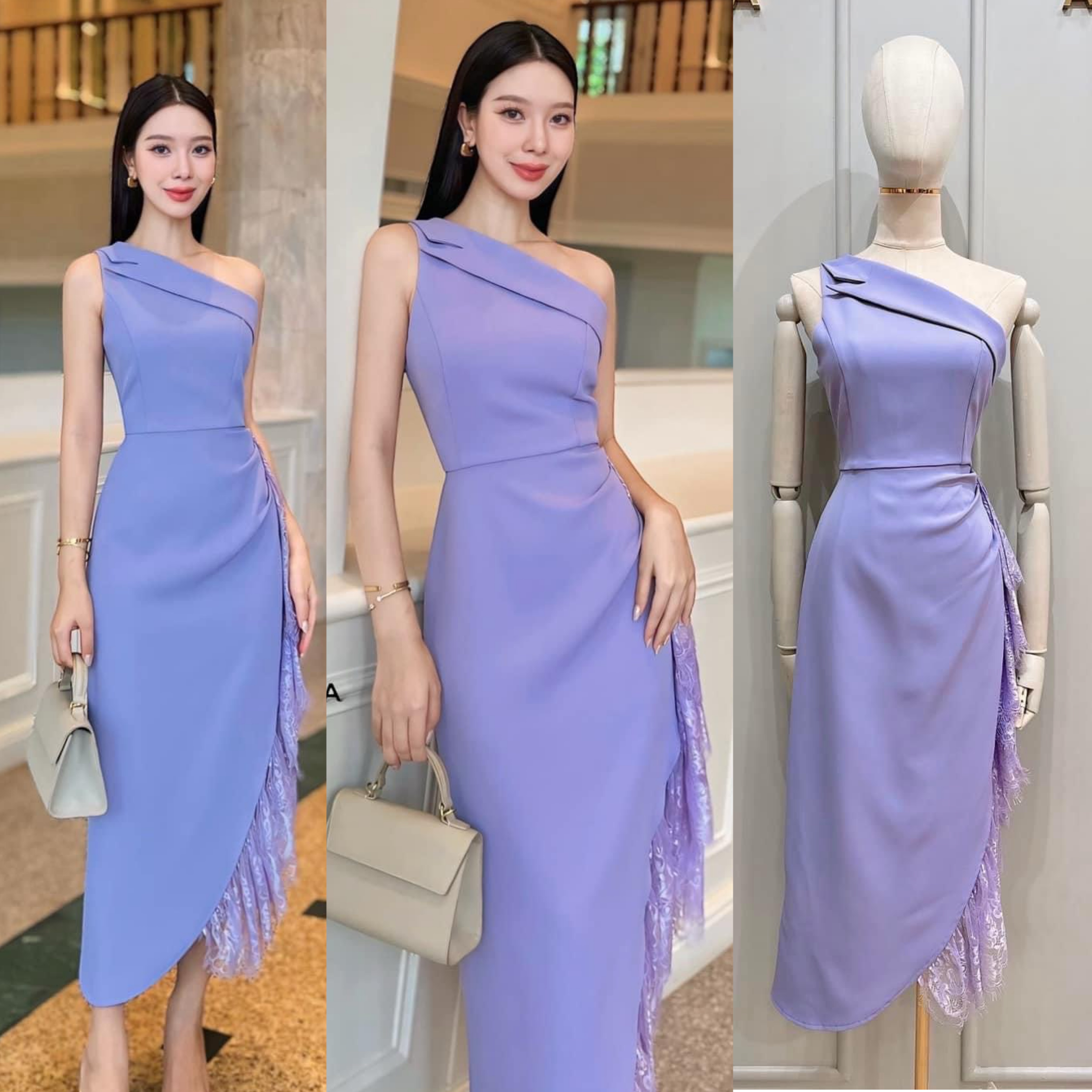 เดรสดีไซน์ไหล่เฉียง ช ตัวเดรส ใช้เนื้อผ้าเกรดพรีเมี่ยมทั้งตัว ดีไซน์กระโปรงทรง สอบตกแต่งระบายด้วยผ้าลูกไม้ไล่ระดับด้านข้าง งานมีซับใน ซิปหลัง ใส่สบาย : สินค้าคุณภาพ (พร้อมส่ง)