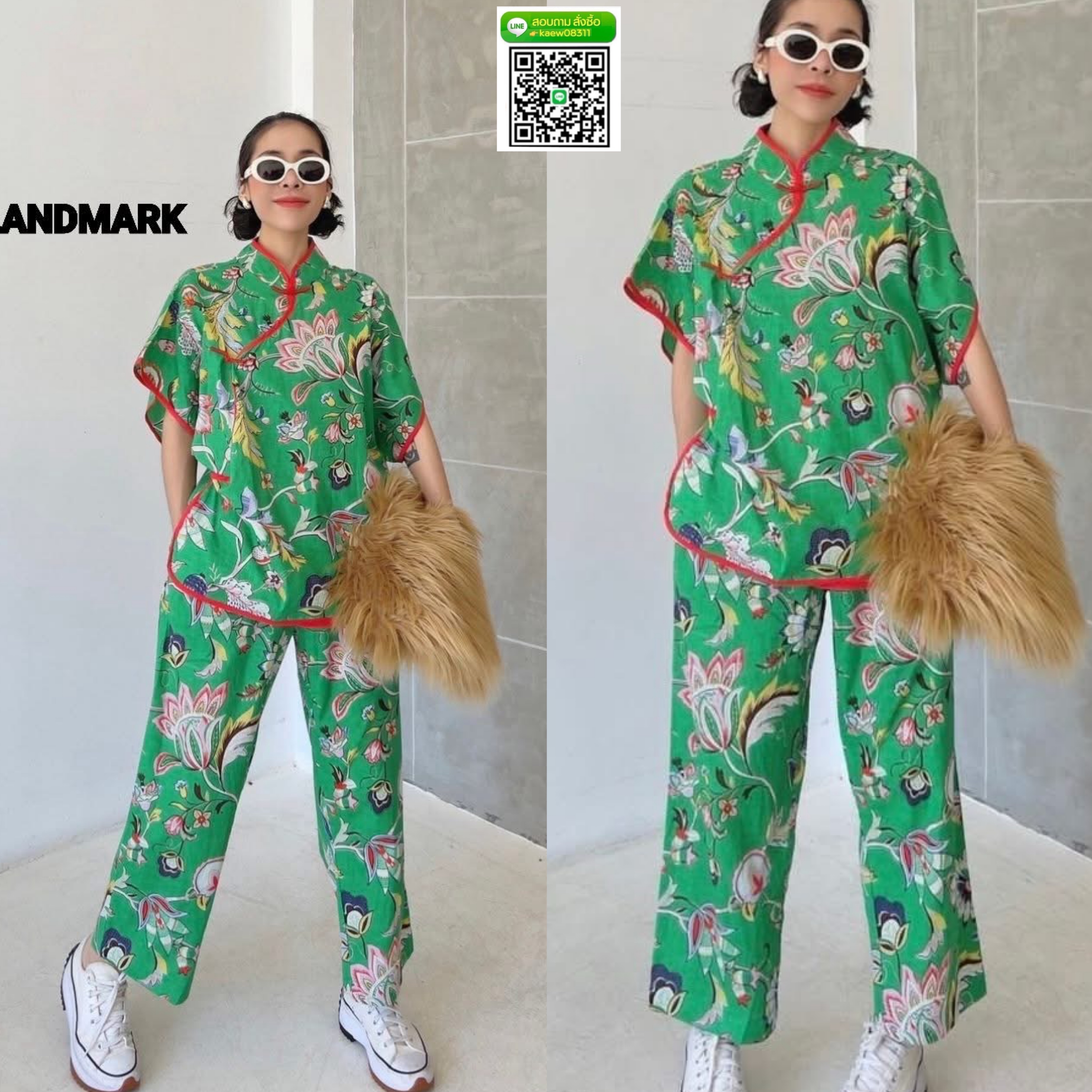 กี่เพ้า ชุดเซ็ทผ้าบล็อคคอทตอลอินเดีย เสื้อดีไซน์คอจีน กระดุมป้ายข้างกุ๊นขอบ กางเกงเอวสม็อค มีกระเป๋าล้วง ใส่สบาย : สินค้าคุณภาพ (พร้อมส่ง)