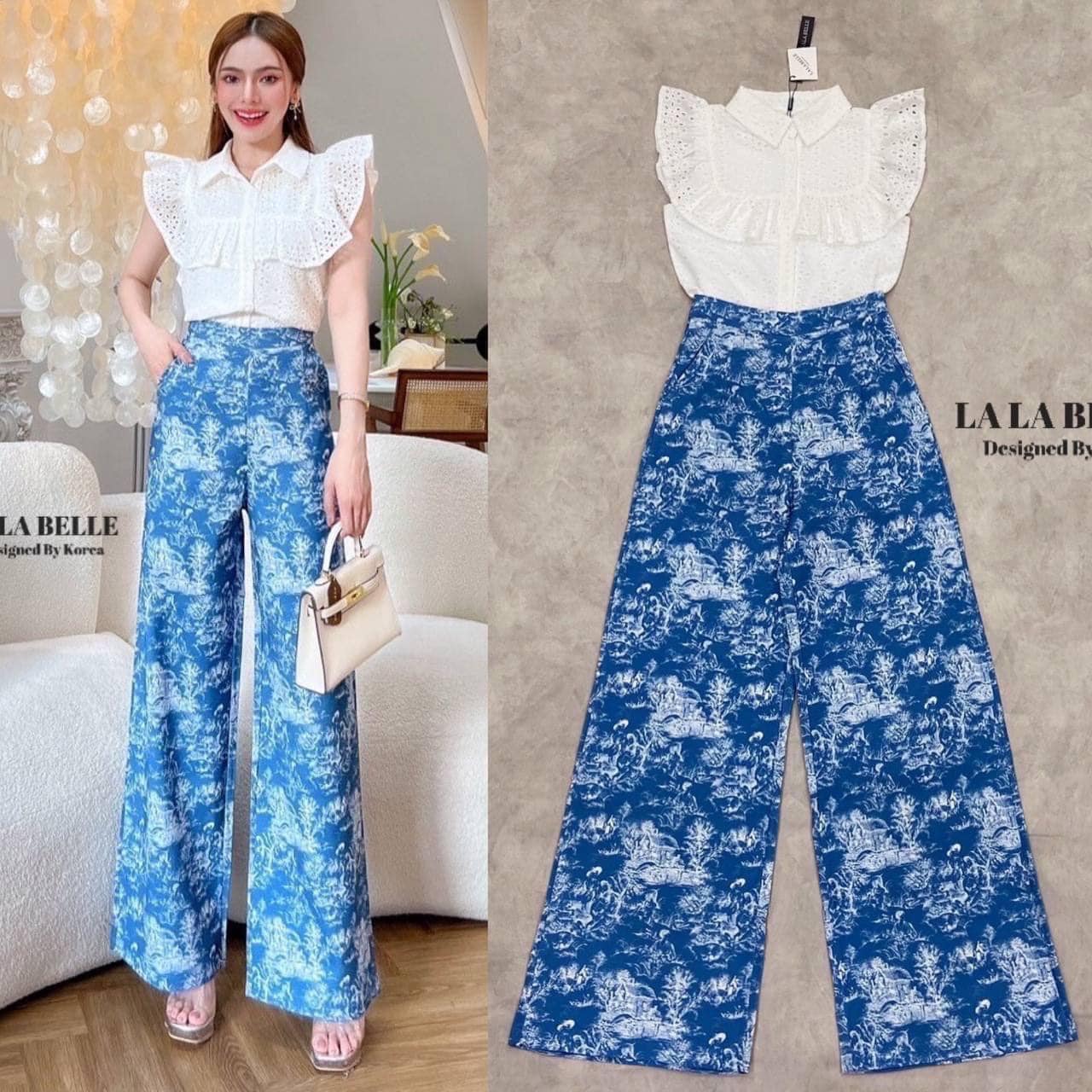 เซต2ชิ้น เสื้อผ้าฉลุคอปกกระดุม หน้าแต่งระบายจับจับอย่างดีมีซับในใส่ คู่กางเกงเอวสูง ใส่สบาย สินค้าคุณภาพ (พร้อมส่ง)