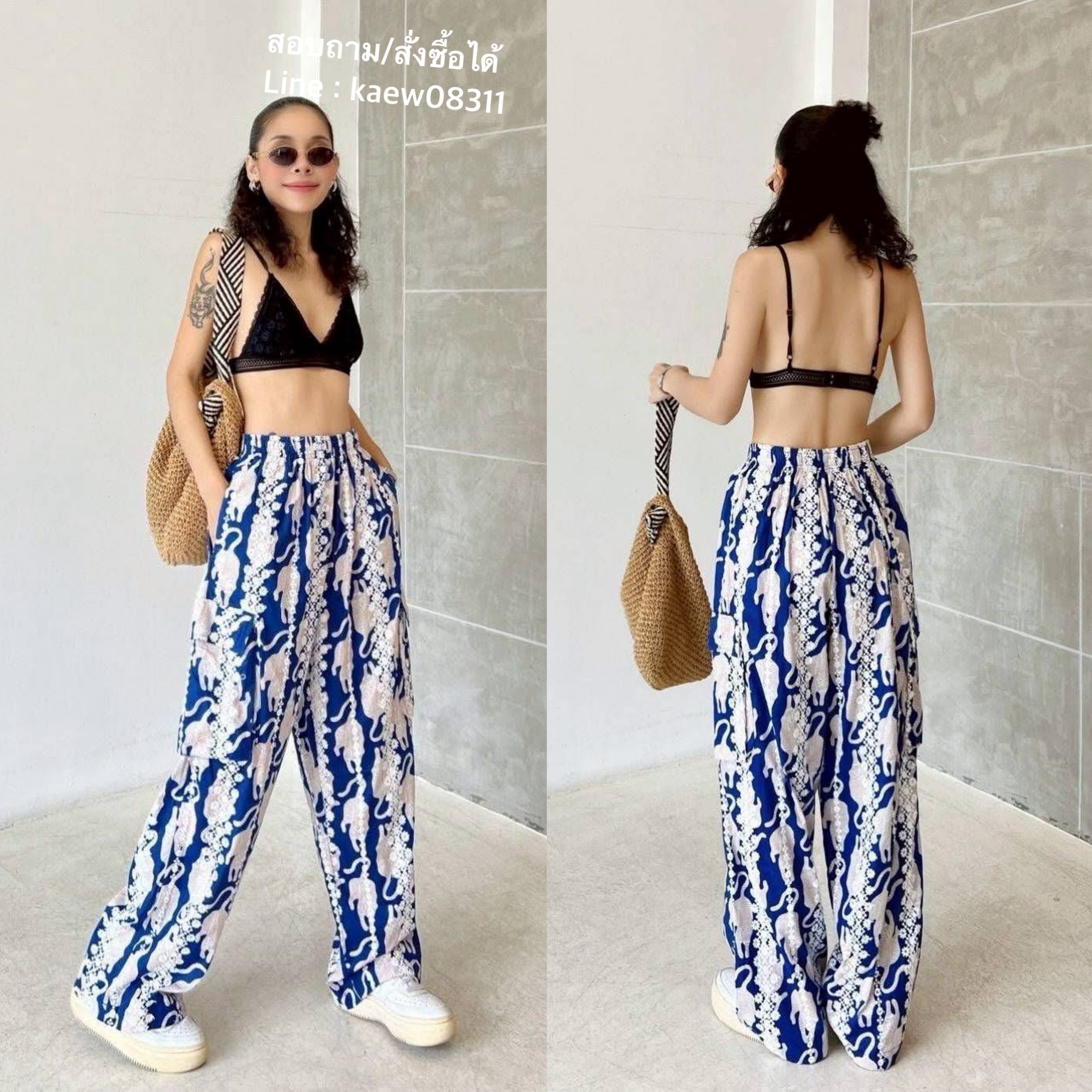 กางเกง ผ้าบล็อคคอทตอลอินเดียปักฉลุลายในตัว ทรงคาร์โก้ เอวสม็อค งานมีกระเป๋าข้าง+กระเป๋าล้วง ใส่สบาย : สินค้าคุณภาพ (พร้อมส่ง)