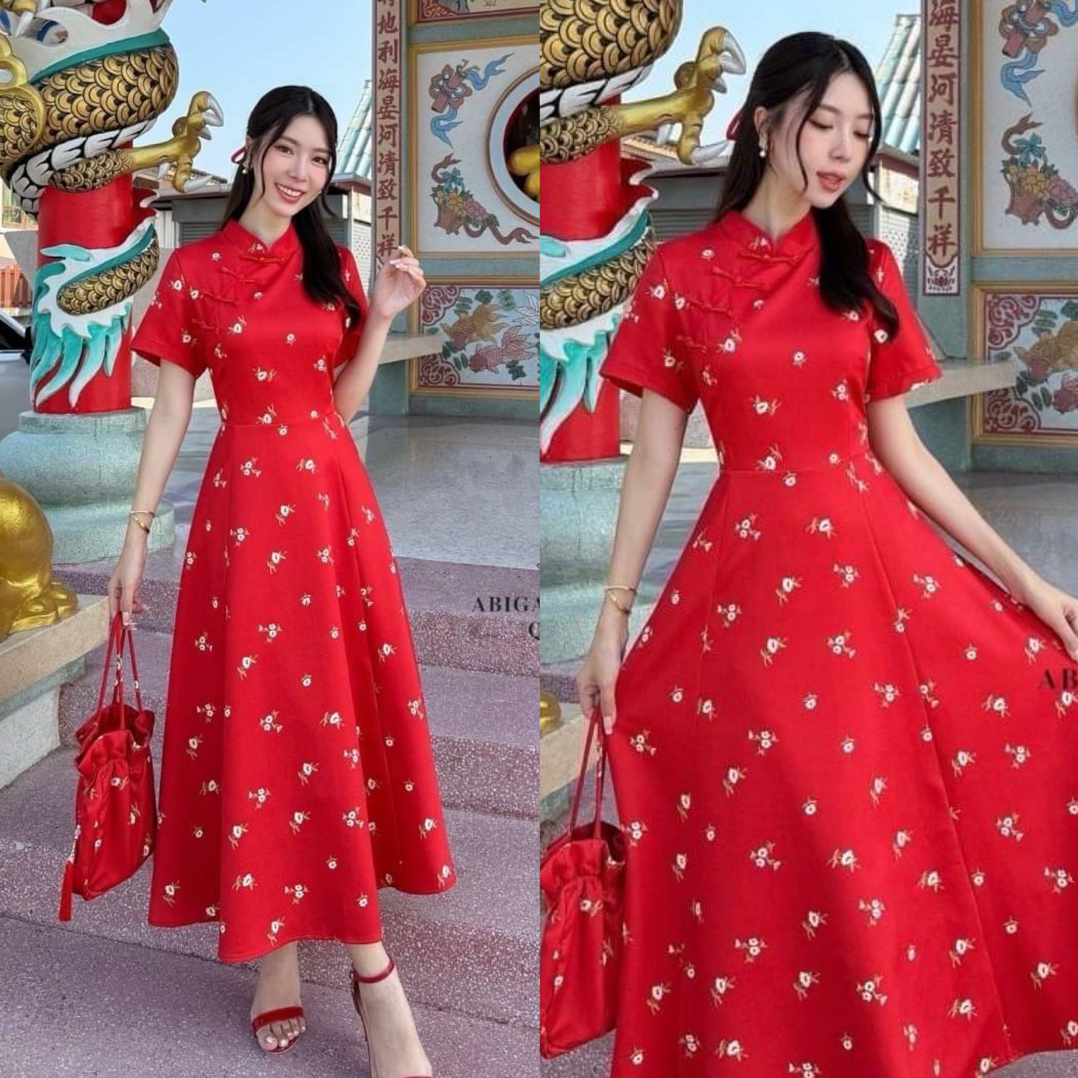 เซต2ขิ้น กี่เพ้าแขนสั้นพิมพ์ลายดอกไม้อกแต่ง กระดุมเรียงยาว เนื้อผ้าพรีเมียมมีน้ำหนัก ทิ้งตัว สวย พร้อมกระเป๋าหิ้ว1ใบใส่รับอั่งเปา ใส่สบาย : สินค้าคุณภาพ (พร้อมส่ง)