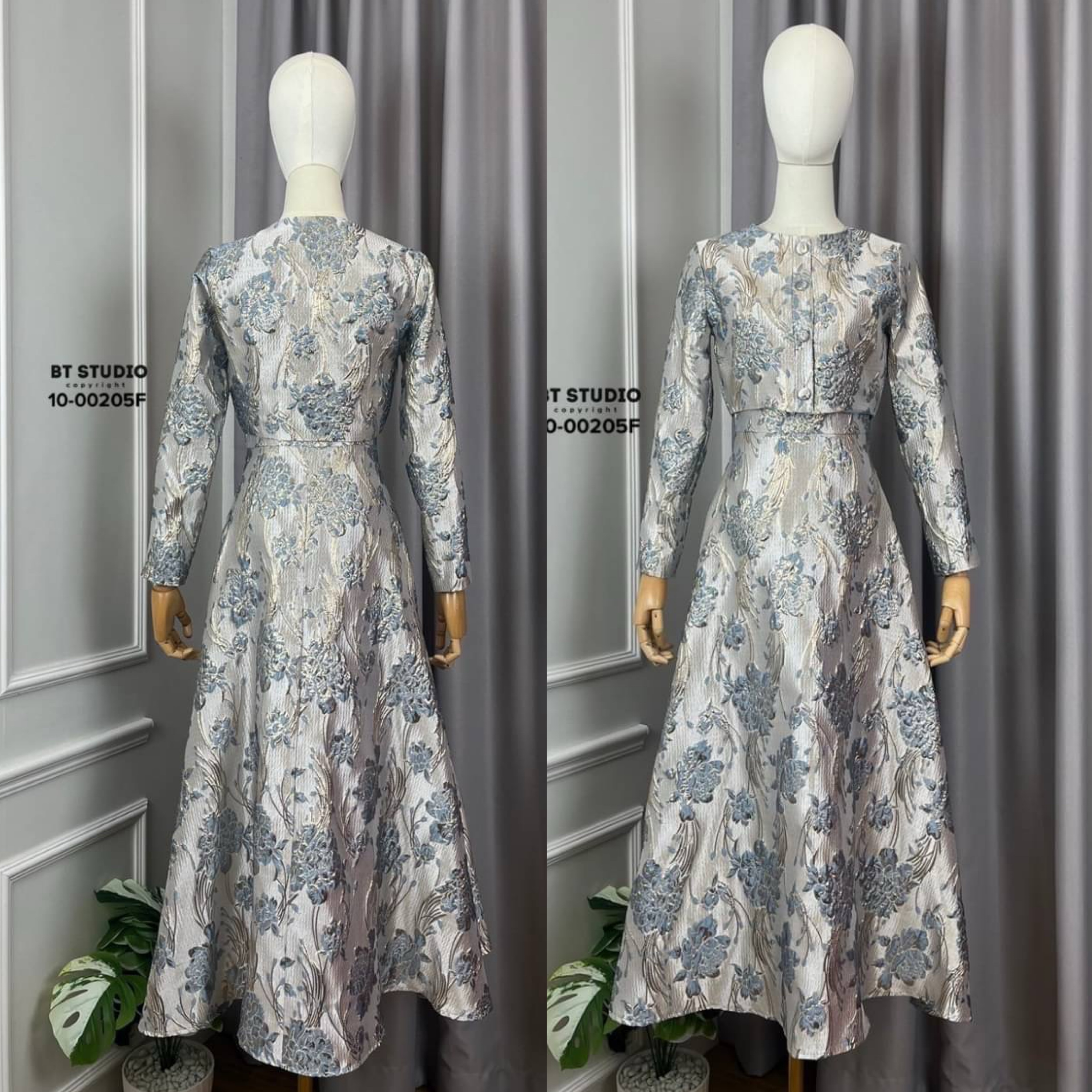 เซท 2 ชิ้น เสื้อเบเซอร์แขนยาวคอกลมแต่งกระดุมมุกด้านหน้าเรียงกัน แมทซ์กับกระโปรงยาวเอวสูงงานผ้าทอลายดอกไม้แต่งดิ้นเดินลายเส้น ใส่สบาย : สินค้าคุณภาพ (พร้อมส่ง)