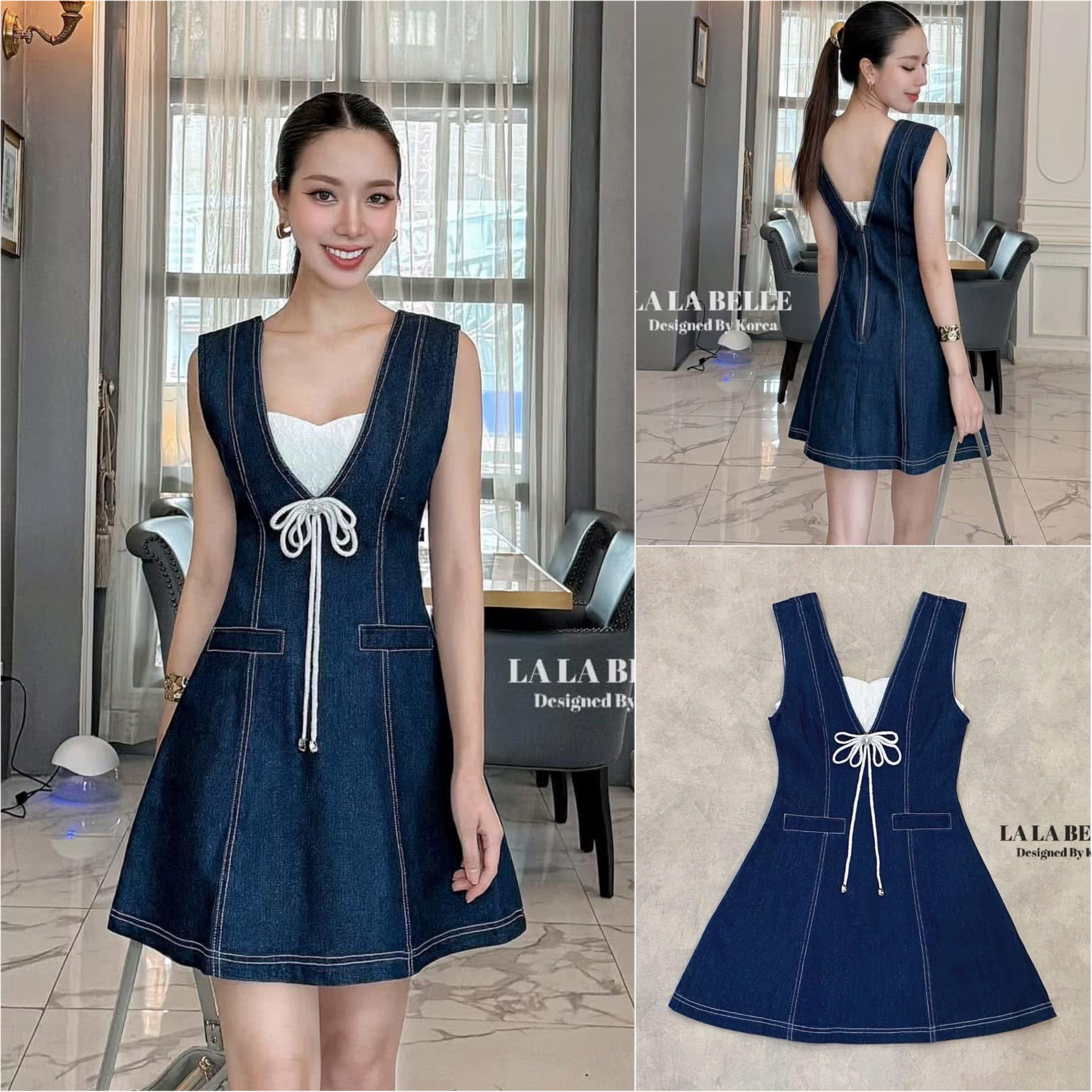 เซต3ชิ้น มินิเดรสยีนส์ทรงเอี้ยมคอวีซืปหลัง+บราลูกไม้สายเดี่ยว+เข็มกลัดโบว์ ใส่สบาย : สินค้าคุณภาพ (พร้อมส่ง)