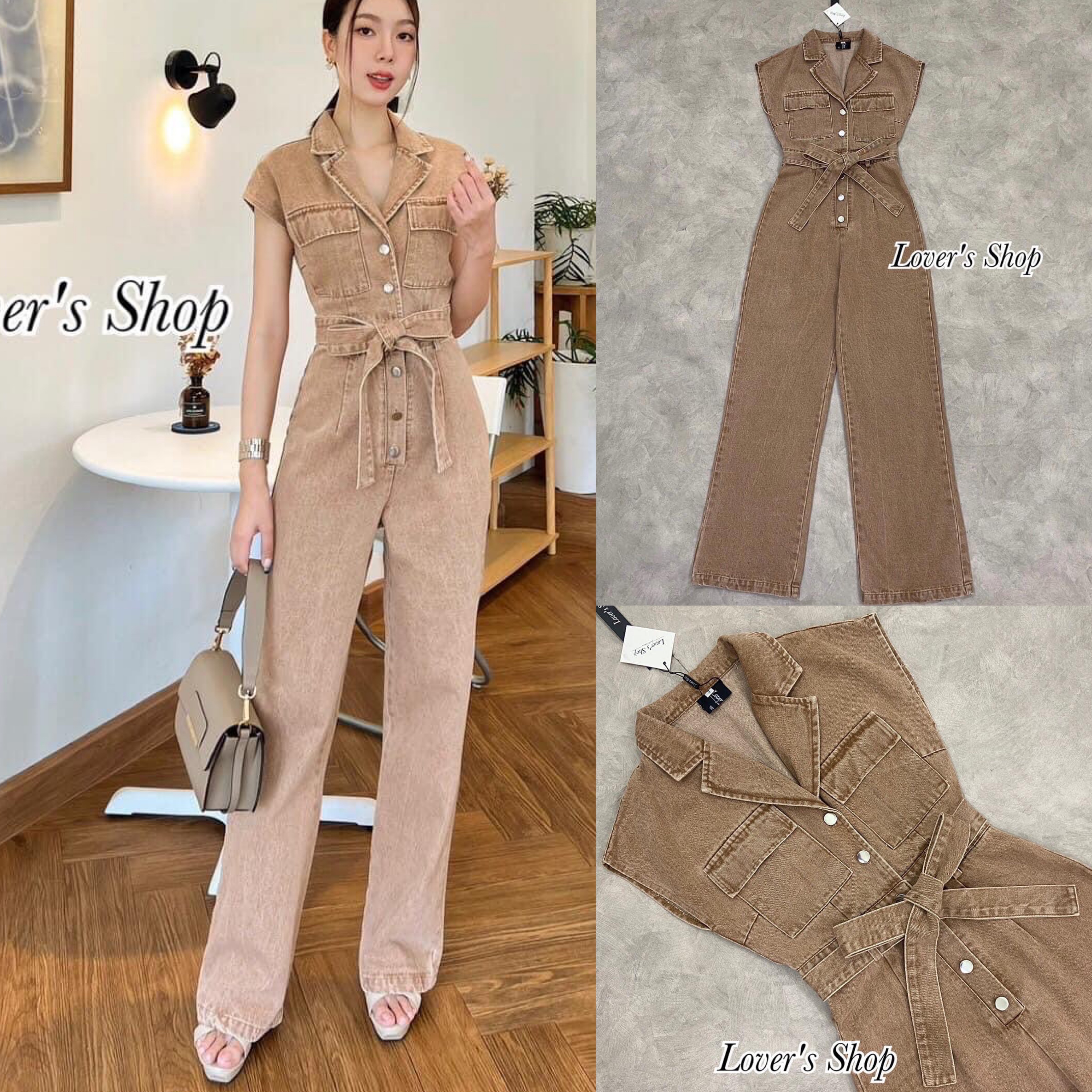 จั้มสูทยีนส์ขายาว ดีเทลคอปก กระดุมหน้า มาพร้อมเชือกผูกเอว ทรงขากระบอกกลาง เนื้อผ้ายีนส์ไม่ยืด สินค้าคุณภาพ (พร้อมส่ง)