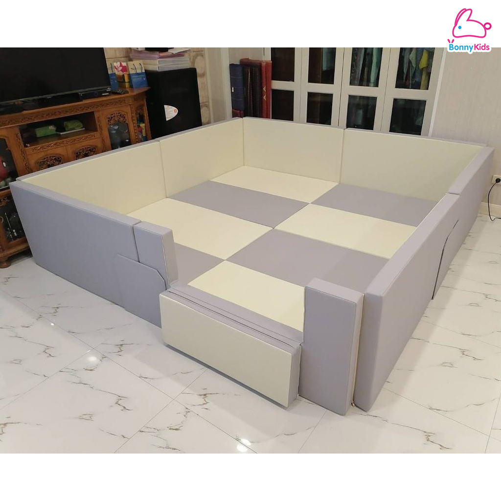 Geko คอกกั้น คอกกั้นเด็กปลอดสารพิษ รุ่นหนังPU และ หนัง Silicone สีเทา-ครีม