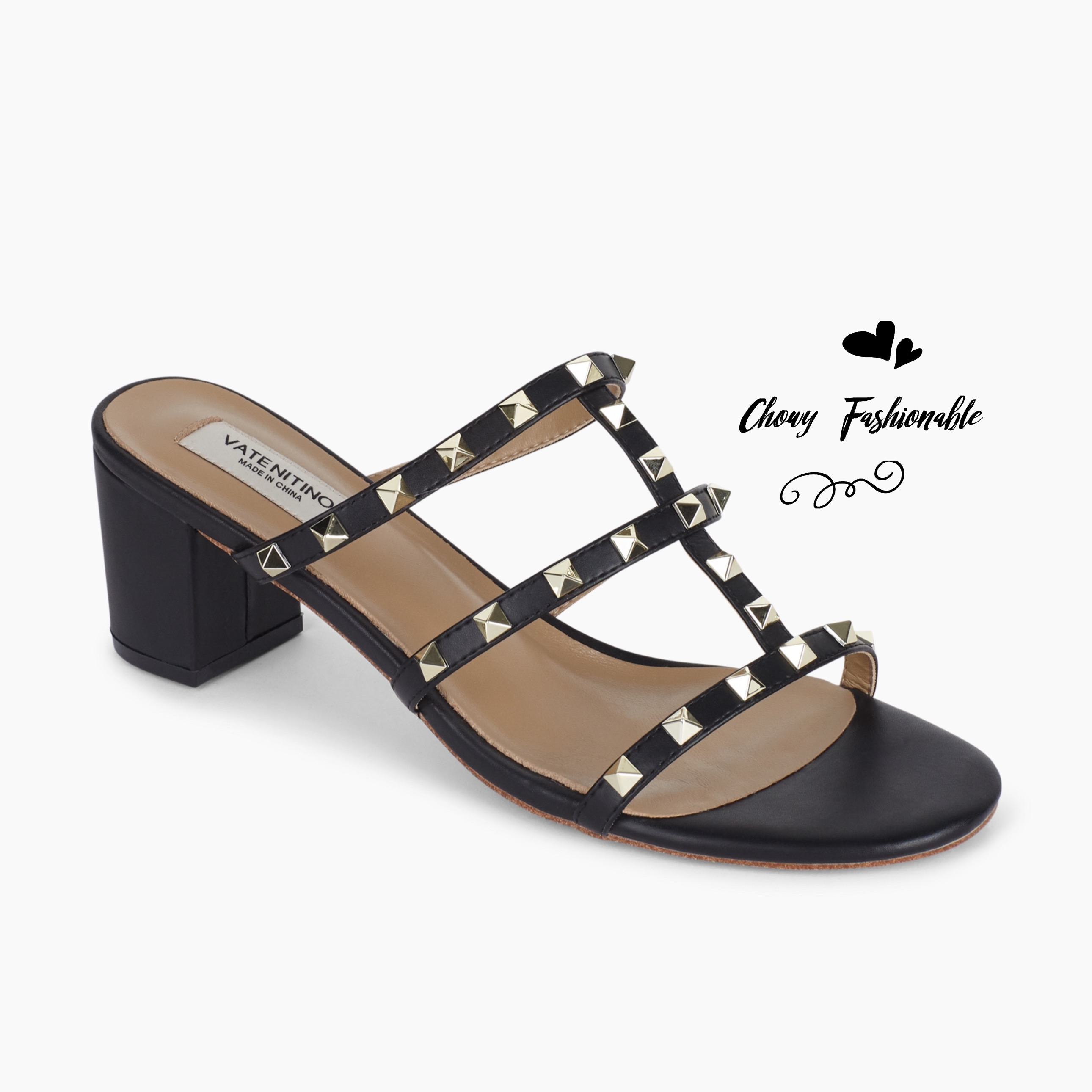 รองเท้าแตะส้นสูงไซส์ใหญ่ 43 44 45 ติดหมุด สไตล์วาเลนติโน่ หนังแท้ สีดำ Rivert Style KR1198