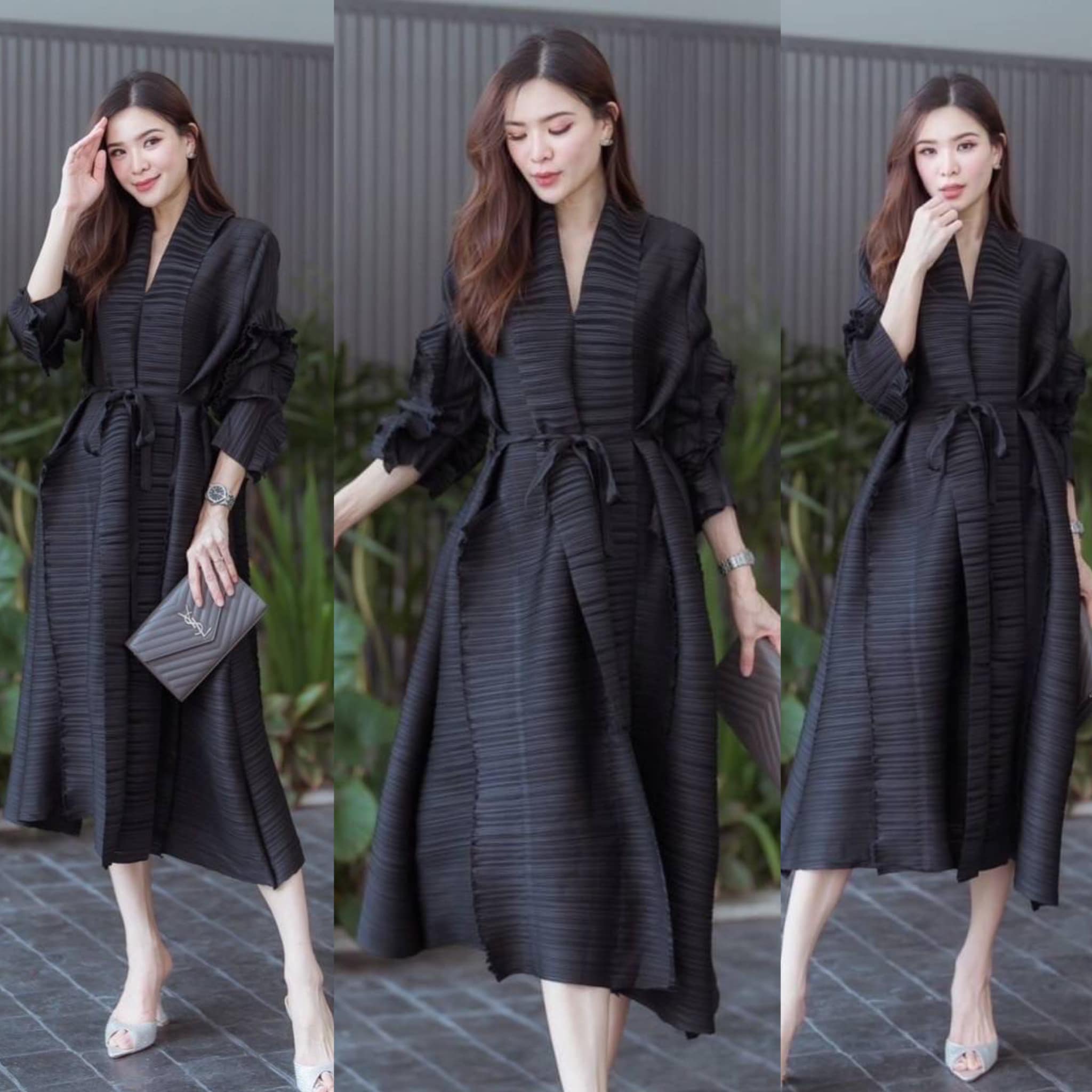 เดรสอัดพลีท แพทเทิรน์เย็บปกซ้อน พาดคอเรียงยาว ลงมาช่วงหน้าเดรส งานสวย Premium 👍🏻👍🏻 สินค้าคุณภาพ (พร้อมส่ง)