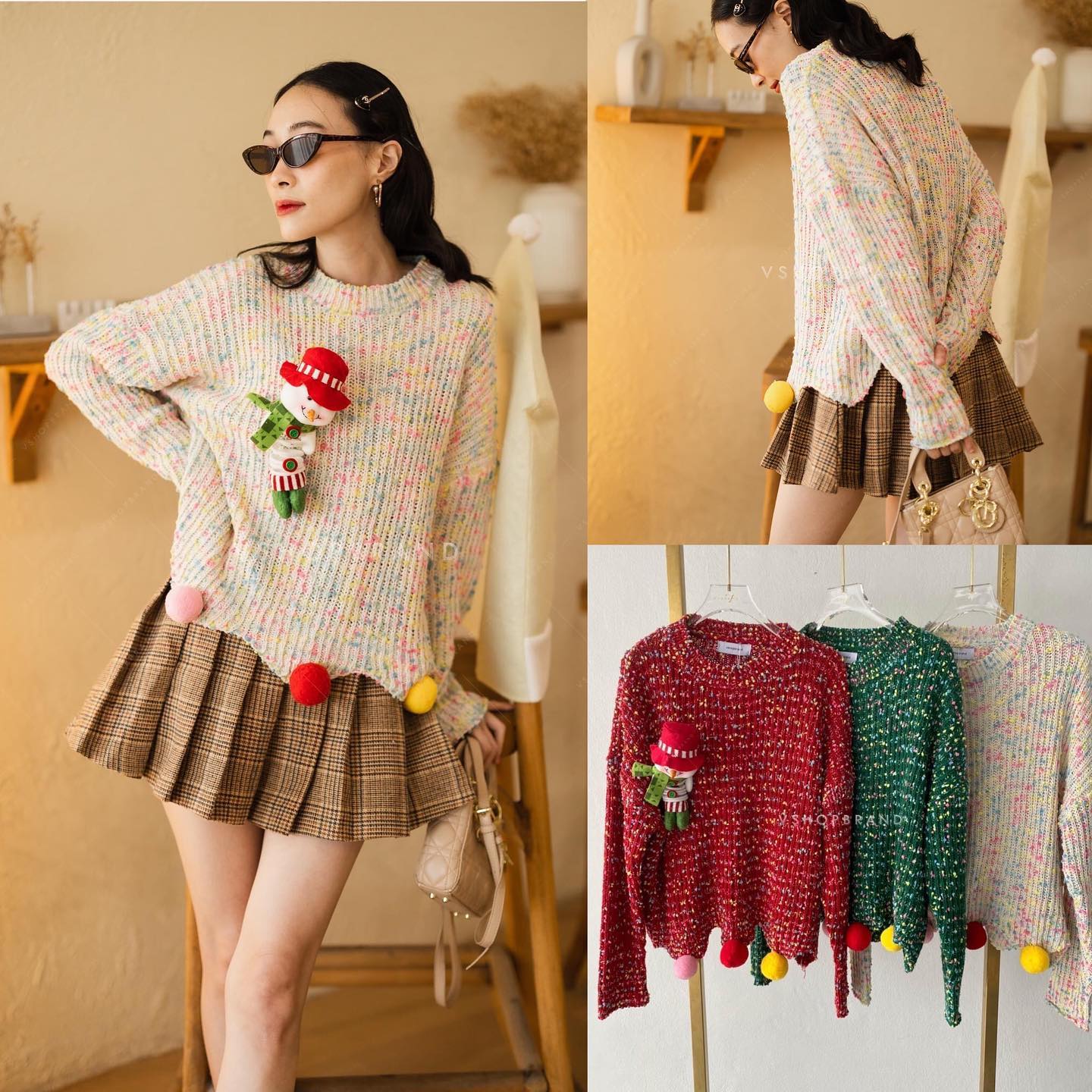 เสื้อ กันหนาวไหมพรมถักสีสัน+เข็มกลัดสโนว์แมน : สินค้าคุณภาพ (พร้อมส่ง)