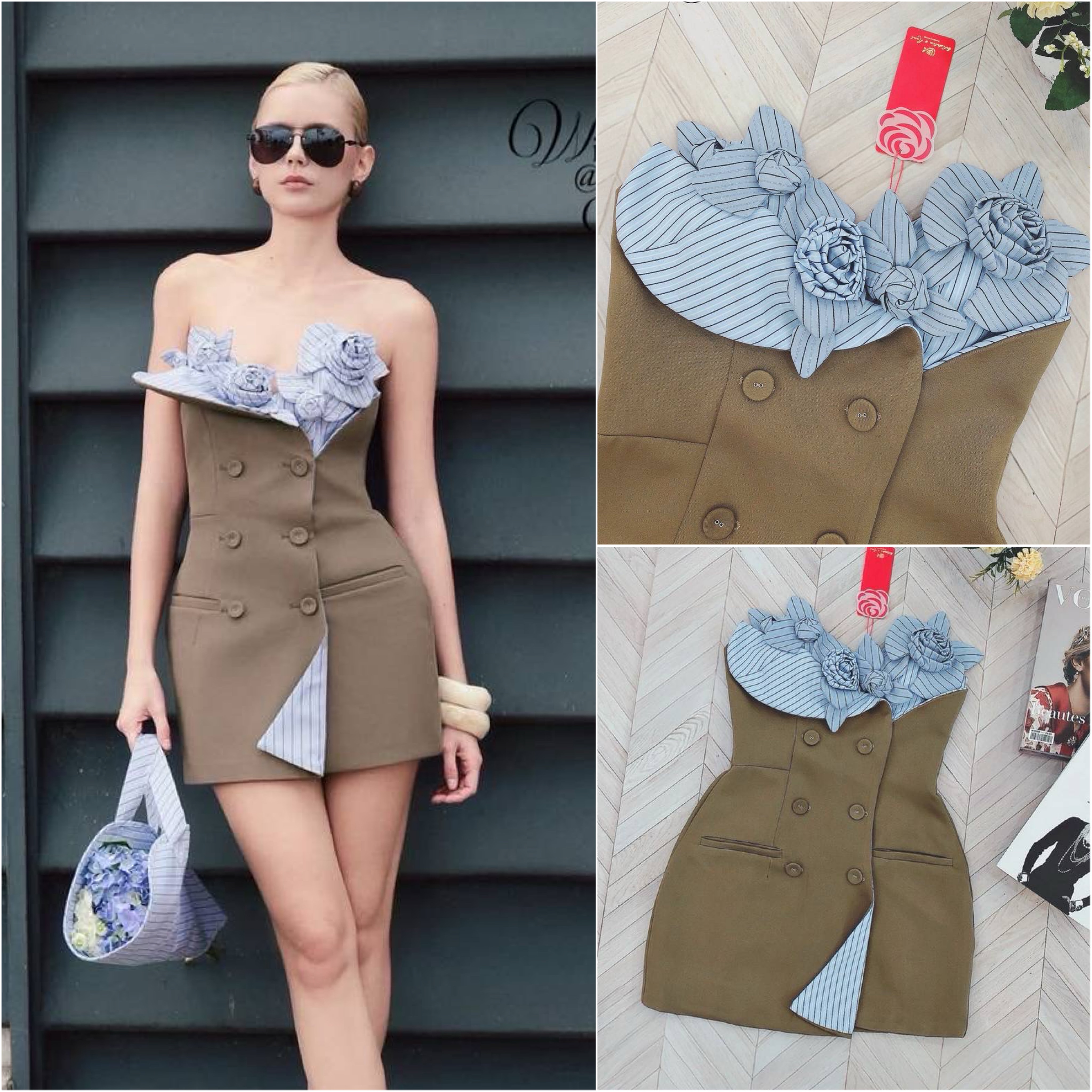 Dress เดรสเกาะอก อกเย็บดอกไม้ป๊อบอัพ อกมีฟองน้ำ ซิปหลัง แต่งกระดุมหน้า เนื้อผ้าหนา มีน้ำหนัก ชุดนี้งานสวยค่ะ ทรงเป๊ะมากๆ ใส่สบาย : สินค้าคุณภาพ (พร้อมส่ง)