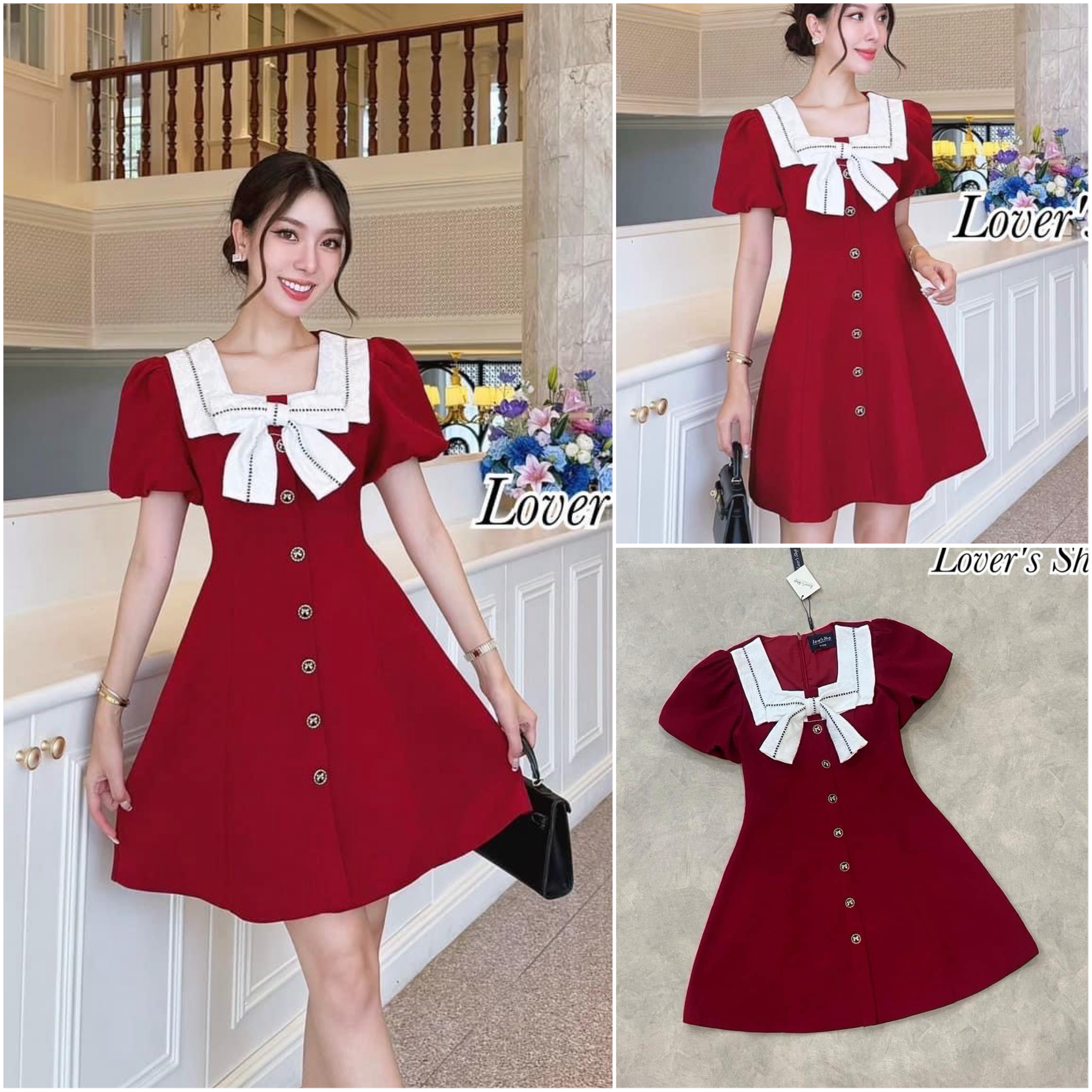 เดรสกระโปรง ลุคลูกคุณหนูทรงแขนตุ๊กตาน่ารัก แต่งปกโบว์ผ้าลูกไม้ ใส่สบาย : สินค้าคุณภาพ (พร้อมส่ง)