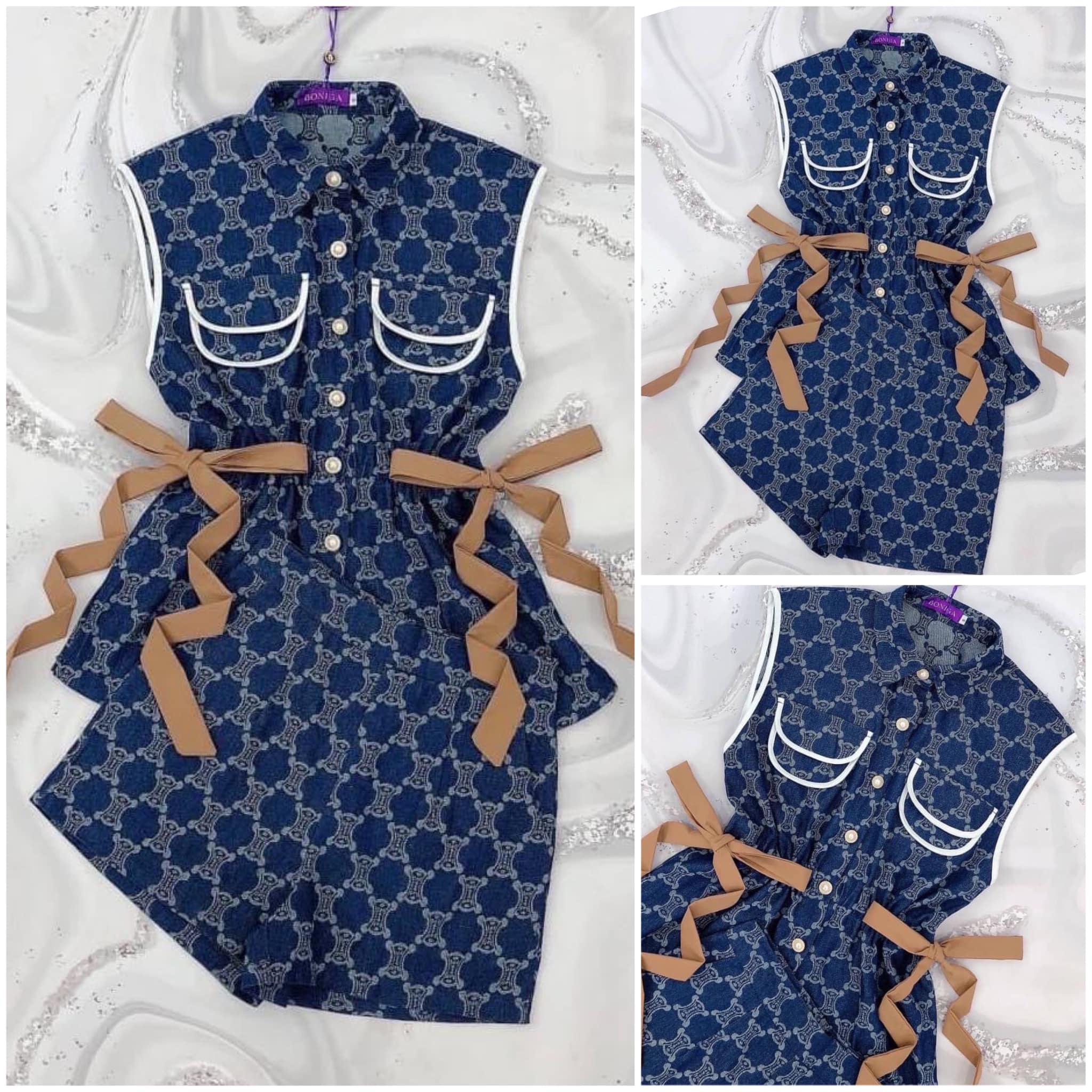 Set เซ็ตเสื้อกับกางเกงสุดปัง เนื้อผ้ายีนส์อย่างดี งานสวย เสื้อแขนกุด กระดุมหน้า ช่วงเอวรูดเชือกผูกโบว์เก๋ๆ กางเกงเอวสูง สินค้าคุณภาพ (พร้อมส่ง)